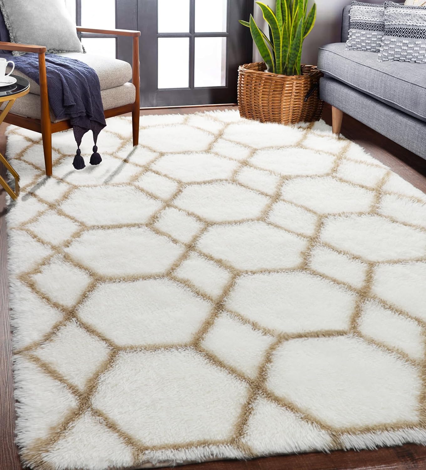 ONASAR 6x9 Area Rugs for Living Room Bedroom, Washable Large Fluffy Grey and Black Throw Rug, Geometric Soft Plush Shaggy Fuzzy Floor Carpet for Nursery Kids Girls Boys Teen Dorm Home Office Decor