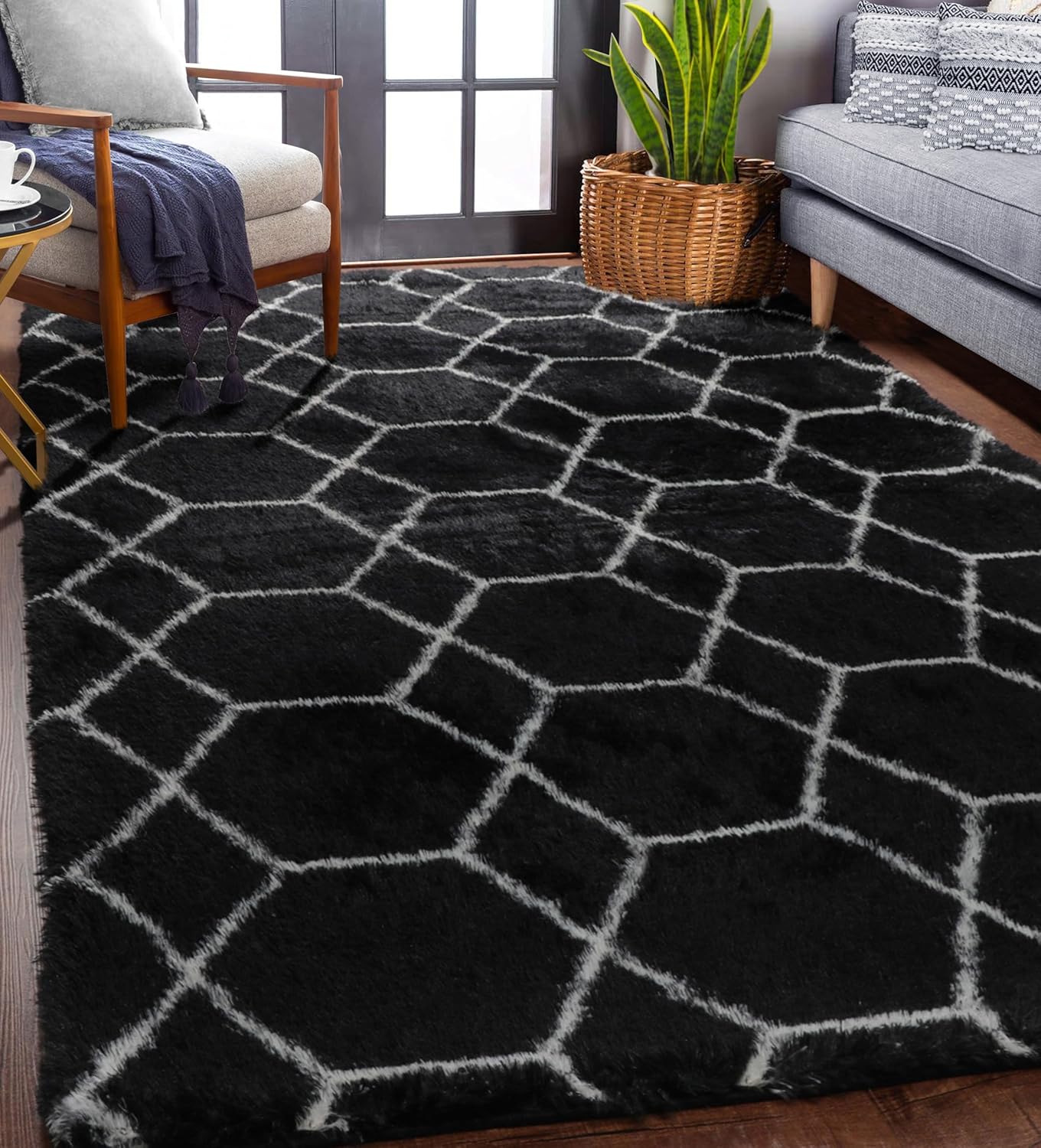 ONASAR 6x9 Area Rugs for Living Room Bedroom, Washable Large Fluffy Grey and Black Throw Rug, Geometric Soft Plush Shaggy Fuzzy Floor Carpet for Nursery Kids Girls Boys Teen Dorm Home Office Decor