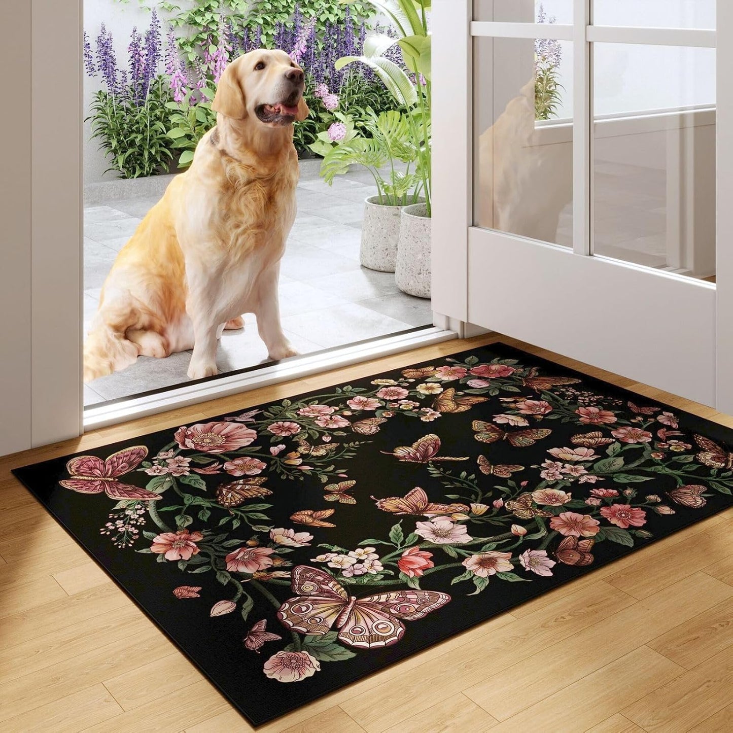 Runner Rug for Kitchen Rug Non Slip 2'6''x8' Washable Rugs with Rubber Backing Soft Floral Butterfly Carpet Runner for Kitchen Laundry Bedroom Bathroom, Black