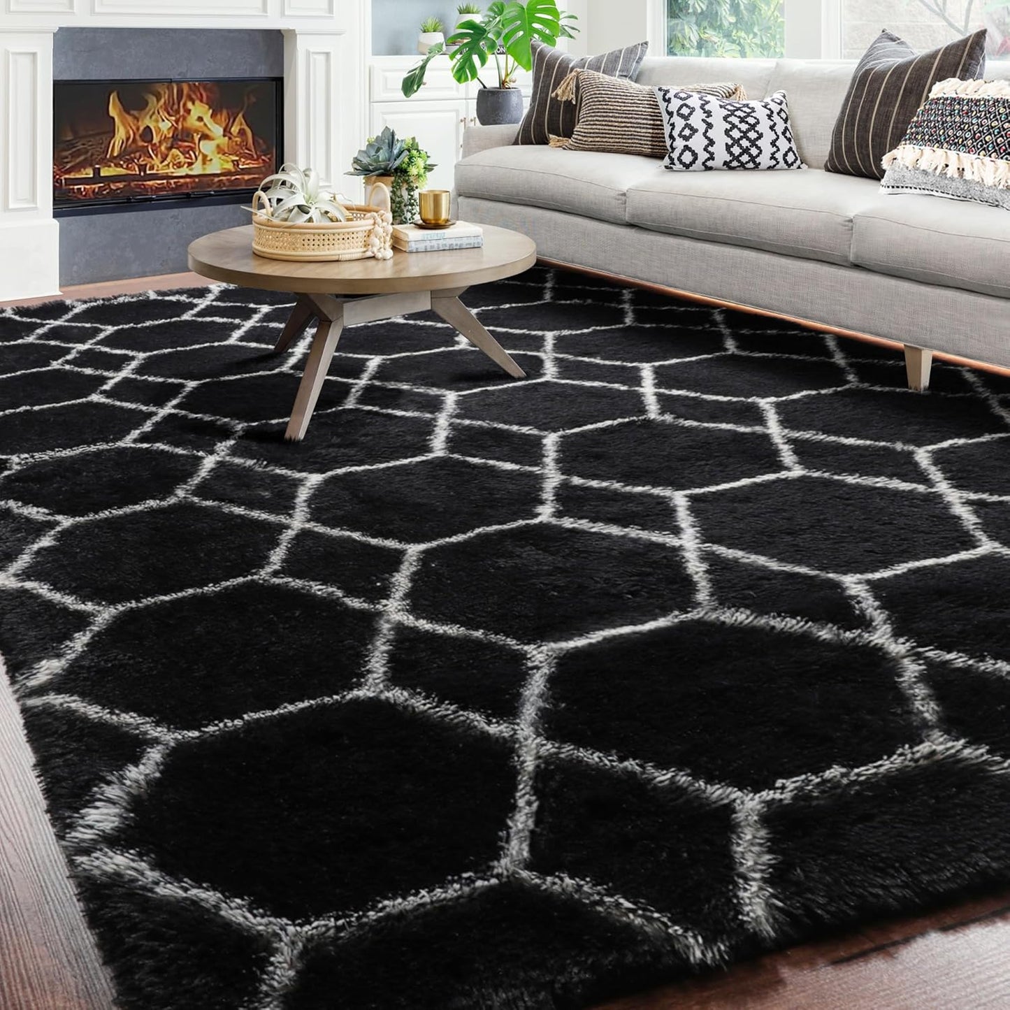 ONASAR 6x9 Area Rugs for Living Room Bedroom, Washable Large Fluffy Grey and Black Throw Rug, Geometric Soft Plush Shaggy Fuzzy Floor Carpet for Nursery Kids Girls Boys Teen Dorm Home Office Decor