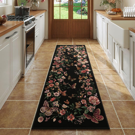 Runner Rug for Kitchen Rug Non Slip 2'6''x8' Washable Rugs with Rubber Backing Soft Floral Butterfly Carpet Runner for Kitchen Laundry Bedroom Bathroom, Black