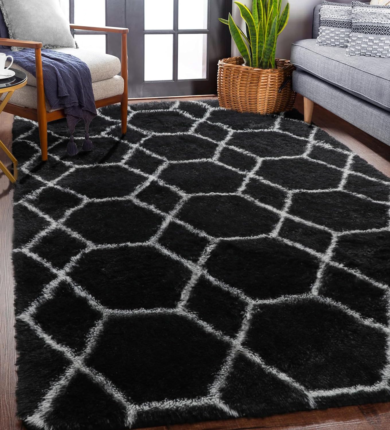ONASAR 6x9 Area Rugs for Living Room Bedroom, Washable Large Fluffy Grey and Black Throw Rug, Geometric Soft Plush Shaggy Fuzzy Floor Carpet for Nursery Kids Girls Boys Teen Dorm Home Office Decor