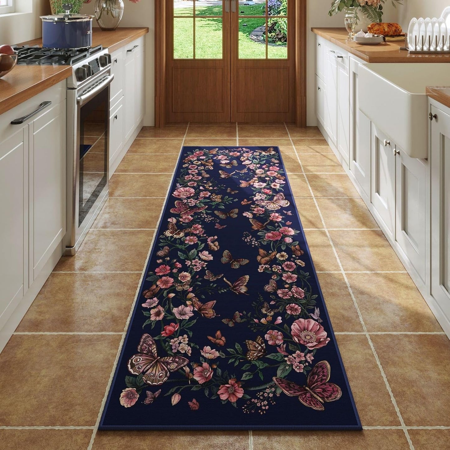 Runner Rug for Kitchen Rug Non Slip 2'6''x8' Washable Rugs with Rubber Backing Soft Floral Butterfly Carpet Runner for Kitchen Laundry Bedroom Bathroom, Black