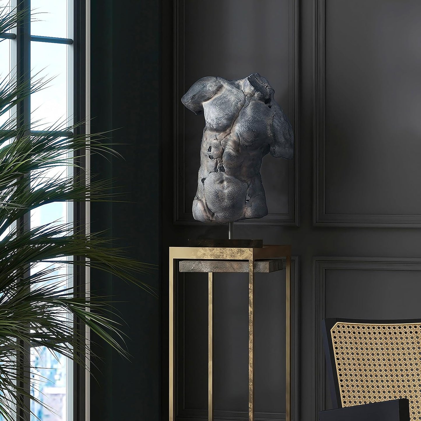 Sagebrook Home Modern Cracked Male Torso Sculpture Resin Statue with Textured Black Finish Artistic Home Decor for Living Room, Office, or Entryway 15x9x25