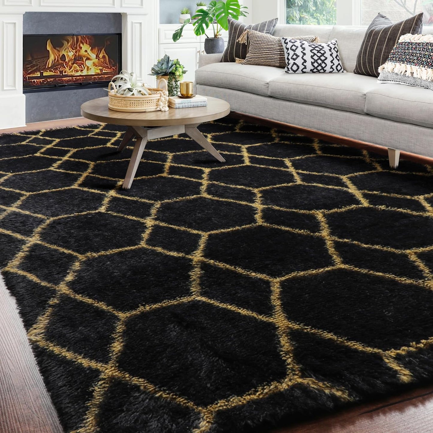 ONASAR 6x9 Area Rugs for Living Room Bedroom, Washable Large Fluffy Grey and Black Throw Rug, Geometric Soft Plush Shaggy Fuzzy Floor Carpet for Nursery Kids Girls Boys Teen Dorm Home Office Decor