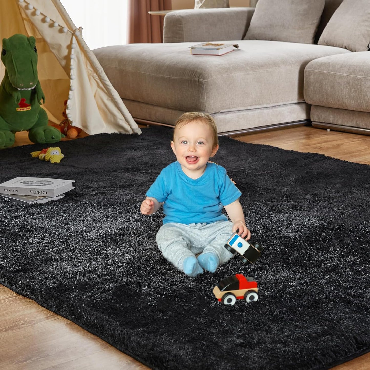 Super Soft Area Rugs for Living Room 5x7 Black, Fluffy Furry Shaggy Fuzzy Area Rug, Upgrade Anti-Skid Rectangular, High Pile Soft Throw Rug for Bedroom and Kids Room, Home Decor Aesthetic