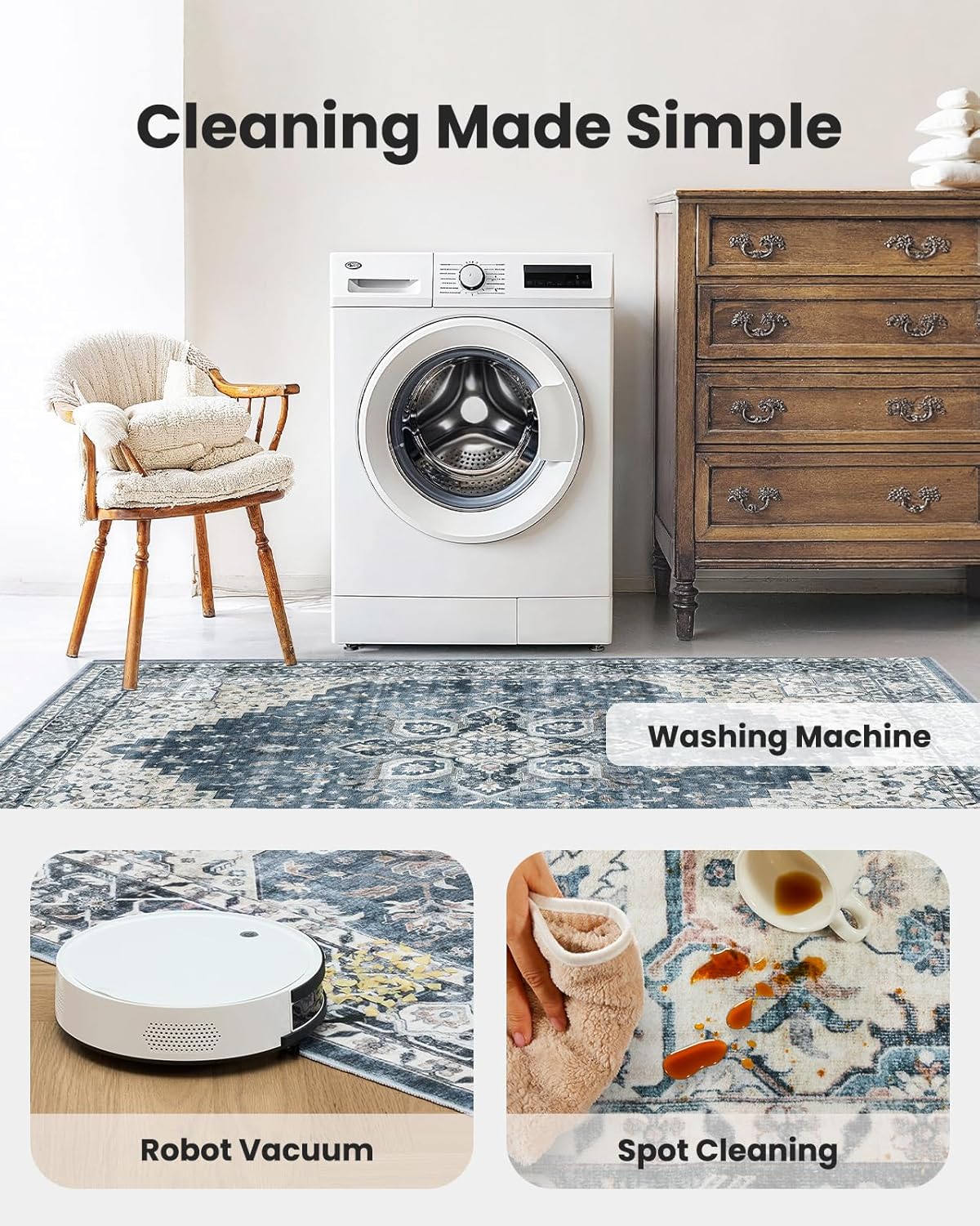 AMADA HOMEFURNISHING 8x10 Washable Area Rug, Low-Profile Large Area Rug with Non-Slip Backing & Durable Edge Binding, Vintage Large Rugs for Living Room, Bedroom, Dinning Room