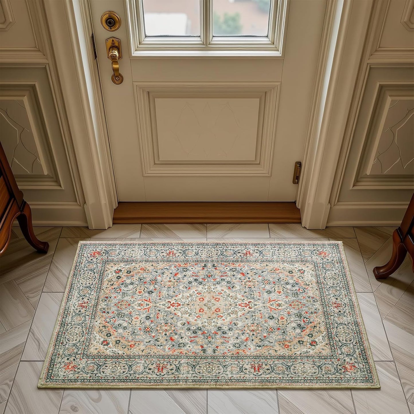 Washable Rug 4x6, Beige Area Rugs Non Slip, Indoor Low Pile Carpet with Rubber Backing for Living Room Kitchen Bathroom Entryway Office Bedroom