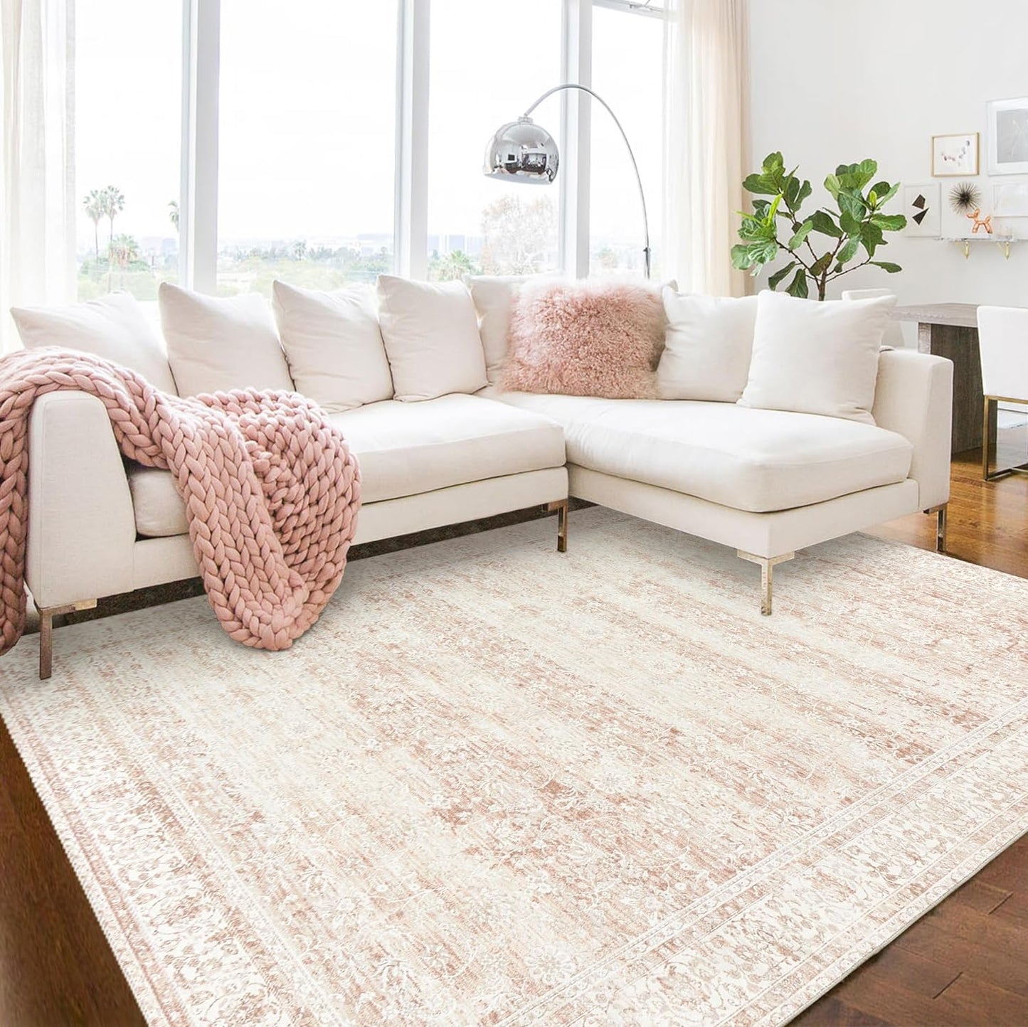 Nursery Rug for Baby Girl,Neutral Blush Pink Boho Cute Floral Foldable Machine Washable Soft Faux Wool Carpet Area Rugs for Living Room Bedroom Dorm Kids Playroom,5x7