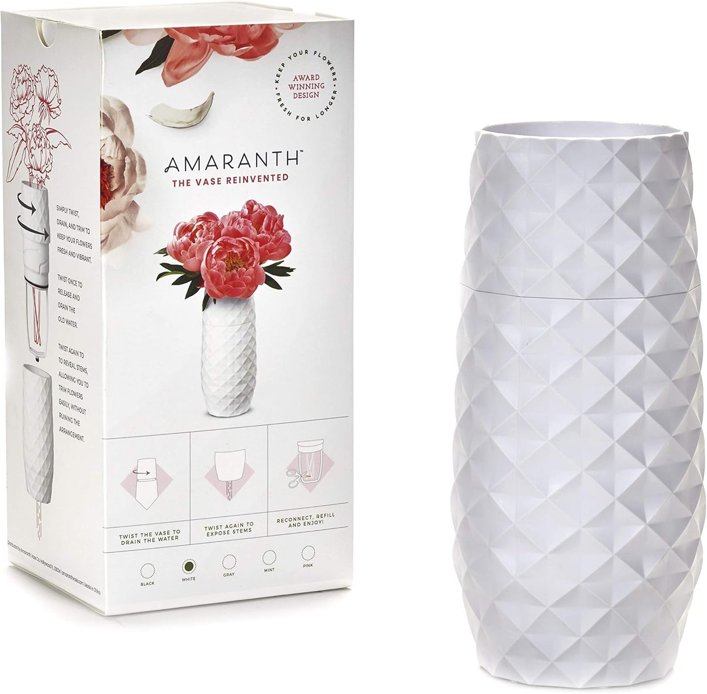 The Amaranth Vase - Unique Design for Easy Water Draining and Stem Access - Impact Resistant Plastic and Marble Blend - The Smart Vase for Floral Arrangements (White)