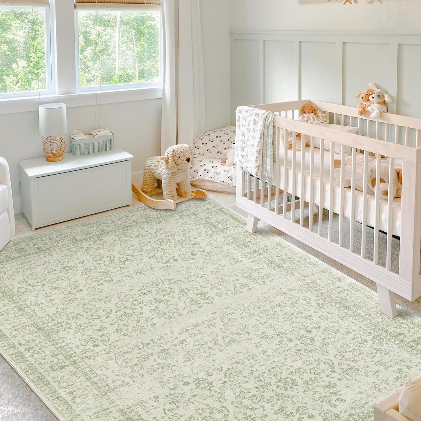 Nursery Rug for Baby Girl,Neutral Blush Pink Boho Cute Floral Foldable Machine Washable Soft Faux Wool Carpet Area Rugs for Living Room Bedroom Dorm Kids Playroom,5x7