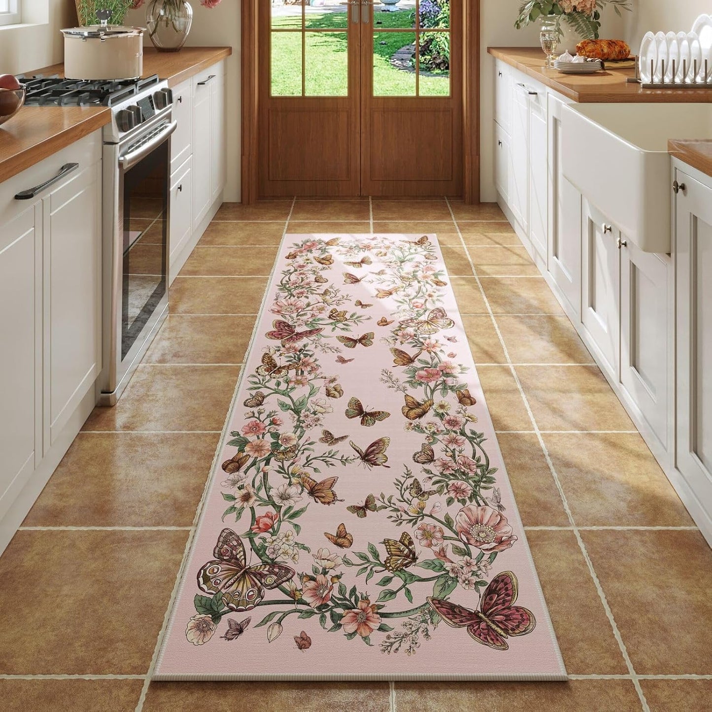 Runner Rug for Kitchen Rug Non Slip 2'6''x8' Washable Rugs with Rubber Backing Soft Floral Butterfly Carpet Runner for Kitchen Laundry Bedroom Bathroom, Black