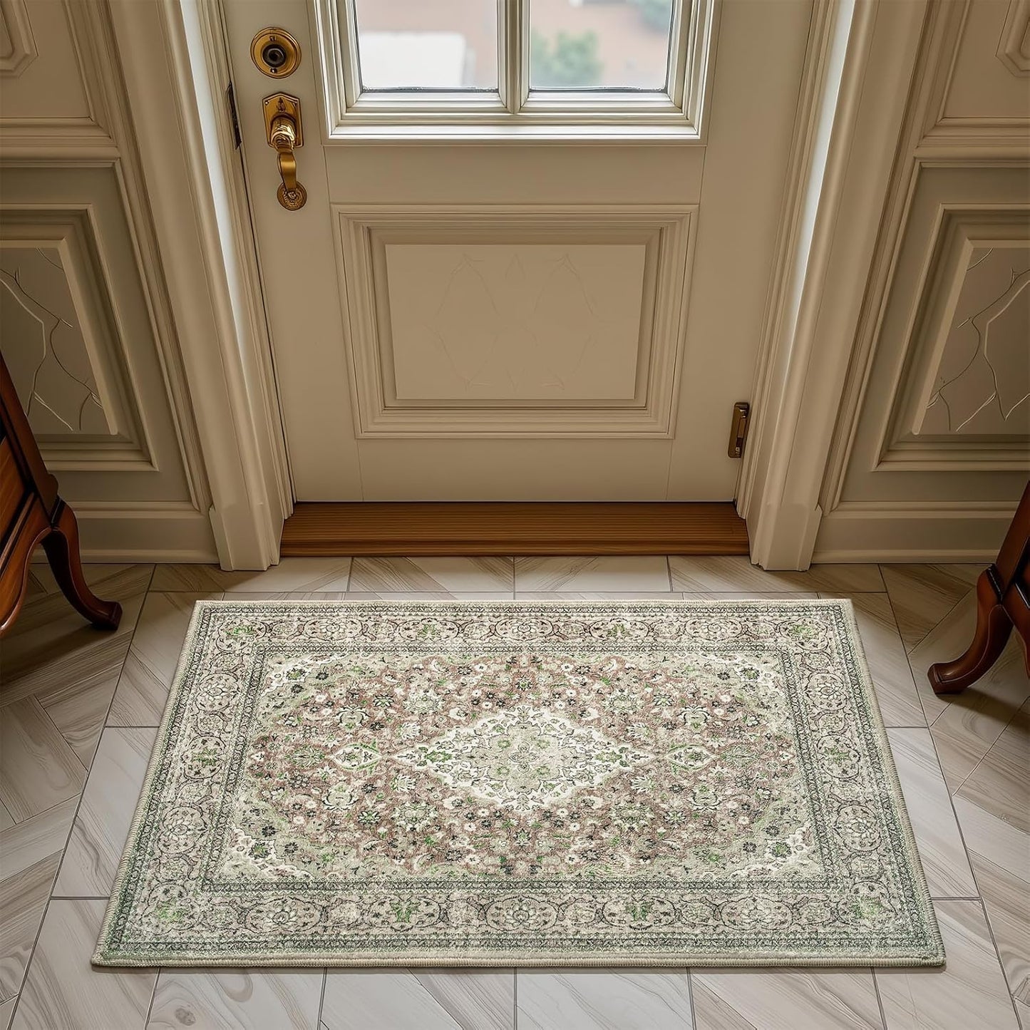 Washable Rug 4x6, Beige Area Rugs Non Slip, Indoor Low Pile Carpet with Rubber Backing for Living Room Kitchen Bathroom Entryway Office Bedroom
