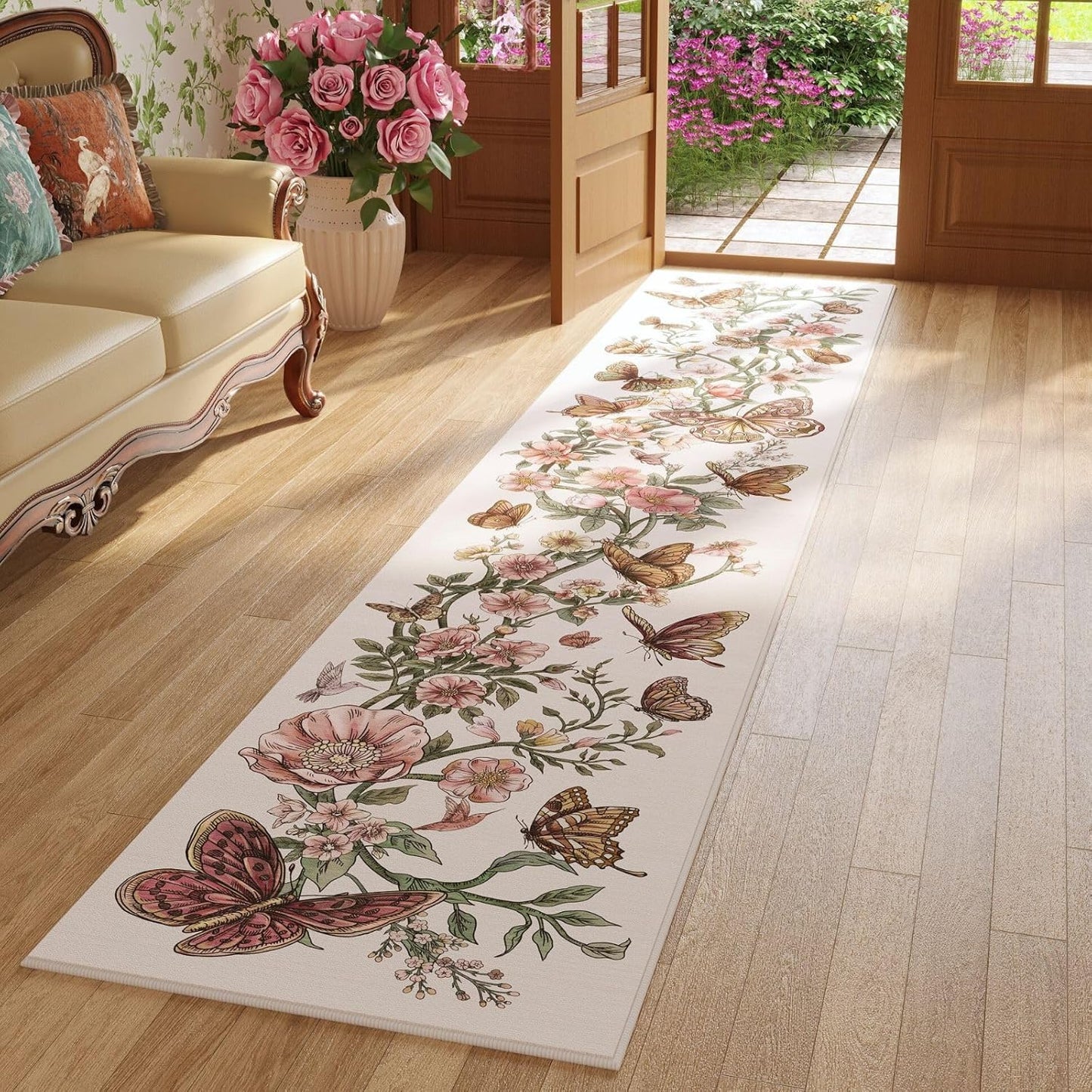 Runner Rug for Kitchen Rug Non Slip 2'6''x8' Washable Rugs with Rubber Backing Soft Floral Butterfly Carpet Runner for Kitchen Laundry Bedroom Bathroom, Black