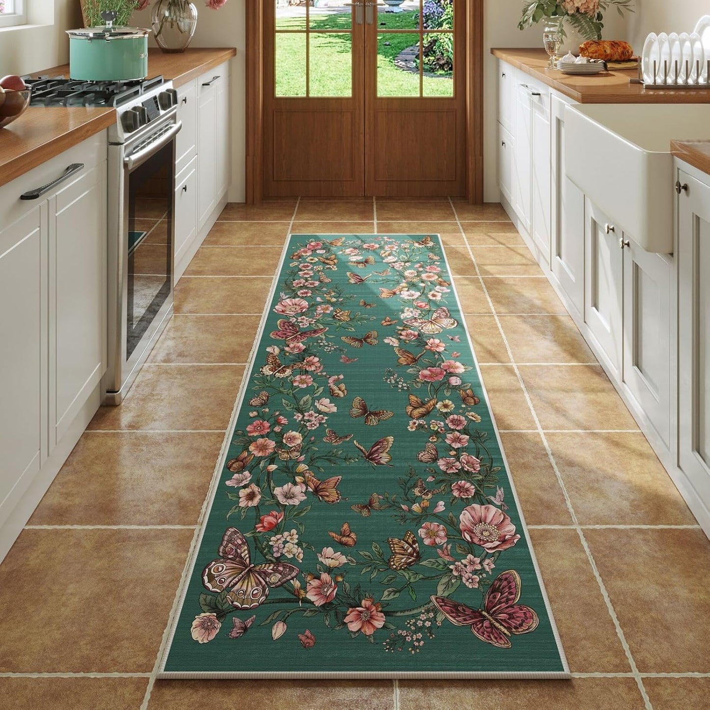 Runner Rug for Kitchen Rug Non Slip 2'6''x8' Washable Rugs with Rubber Backing Soft Floral Butterfly Carpet Runner for Kitchen Laundry Bedroom Bathroom, Black