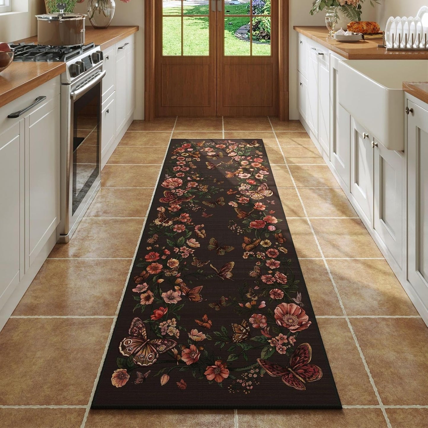 Runner Rug for Kitchen Rug Non Slip 2'6''x8' Washable Rugs with Rubber Backing Soft Floral Butterfly Carpet Runner for Kitchen Laundry Bedroom Bathroom, Black