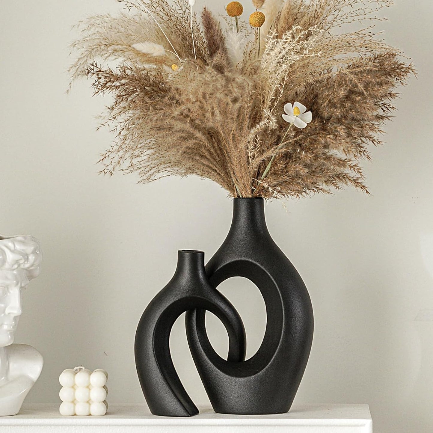 Snuggle Hollow Ceramic Vase Set of 2, Boho ins Style Round Nordic Mid Century Modern Aesthetic Decorative Vase for Home Decor (Cream W 6.8" X H 11")