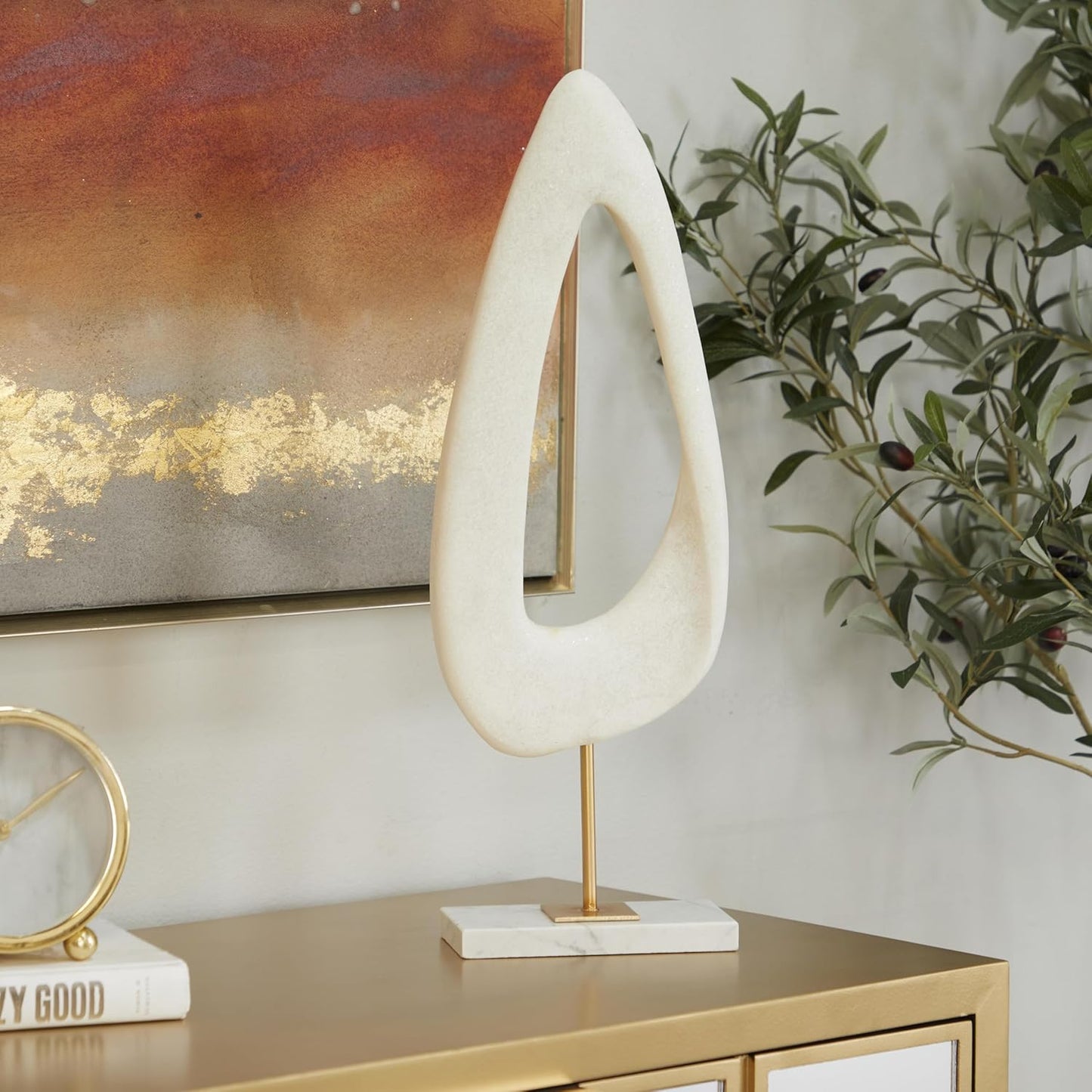 Deco 79 Polystone Abstract Decorative Sculpture Cut-Out Home Decor Statue with Marble Stand, Accent Figurine 7" x 3" x 20", White