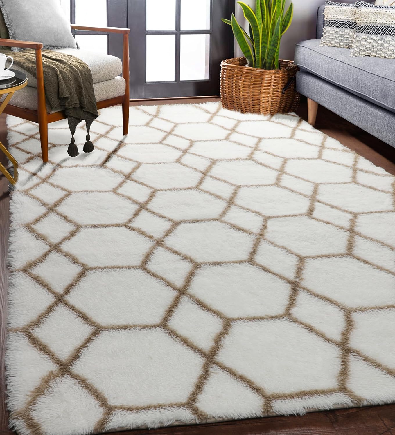 ONASAR 6x9 Area Rugs for Living Room Bedroom, Washable Large Fluffy Grey and Black Throw Rug, Geometric Soft Plush Shaggy Fuzzy Floor Carpet for Nursery Kids Girls Boys Teen Dorm Home Office Decor