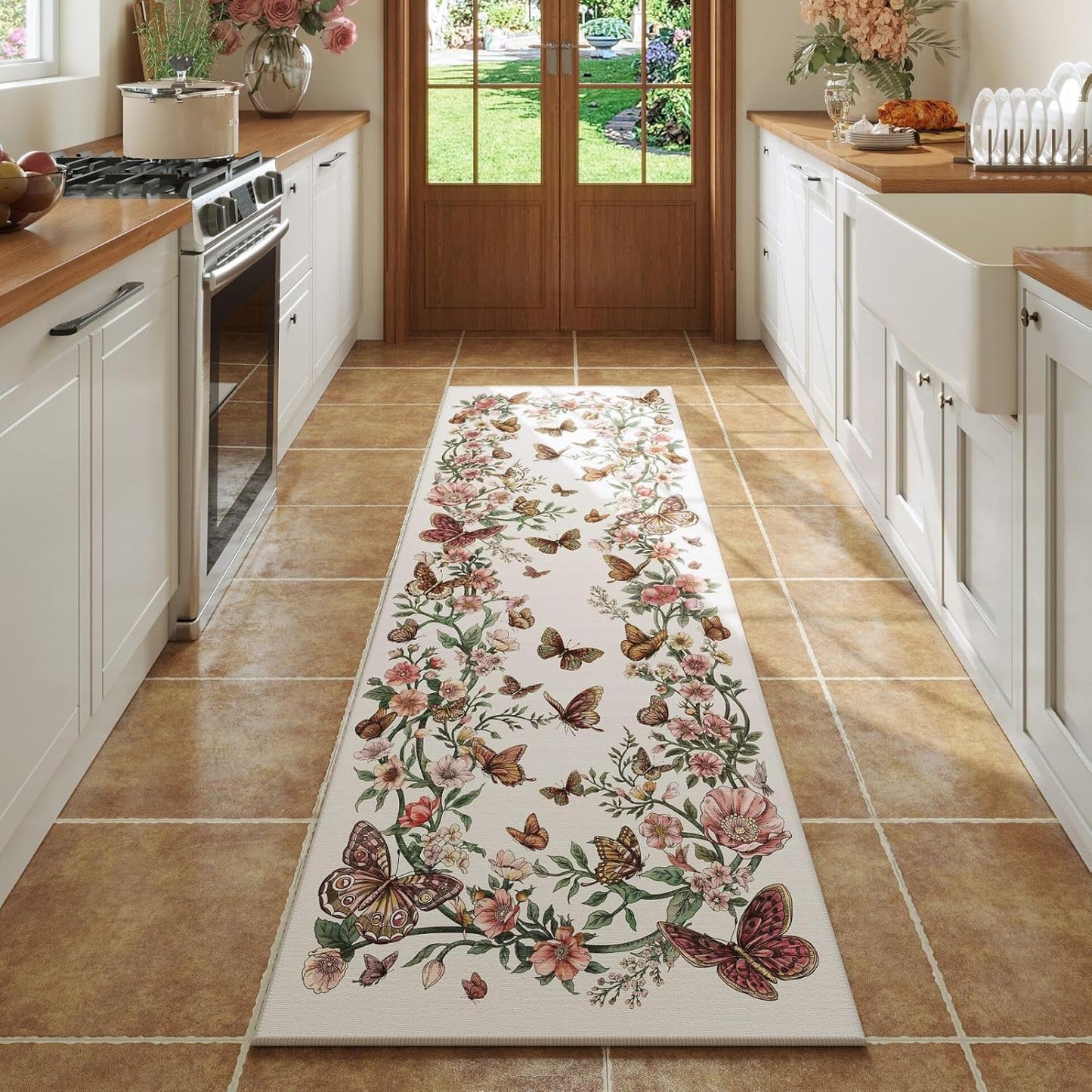 Runner Rug for Kitchen Rug Non Slip 2'6''x8' Washable Rugs with Rubber Backing Soft Floral Butterfly Carpet Runner for Kitchen Laundry Bedroom Bathroom, Black