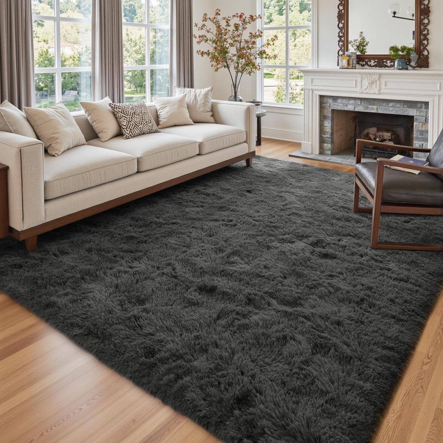 6x9 Ft Large Shag Rugs for Living Room Decor, Tie-Dyed Ultra Soft Fluffy Furry Area Rugs for Bedroom Indoor Floor, Aesthetic Carpet for Kids Home (Dark Grey)