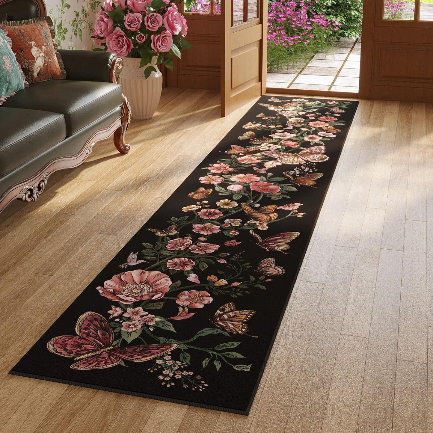 Runner Rug for Kitchen Rug Non Slip 2'6''x8' Washable Rugs with Rubber Backing Soft Floral Butterfly Carpet Runner for Kitchen Laundry Bedroom Bathroom, Black