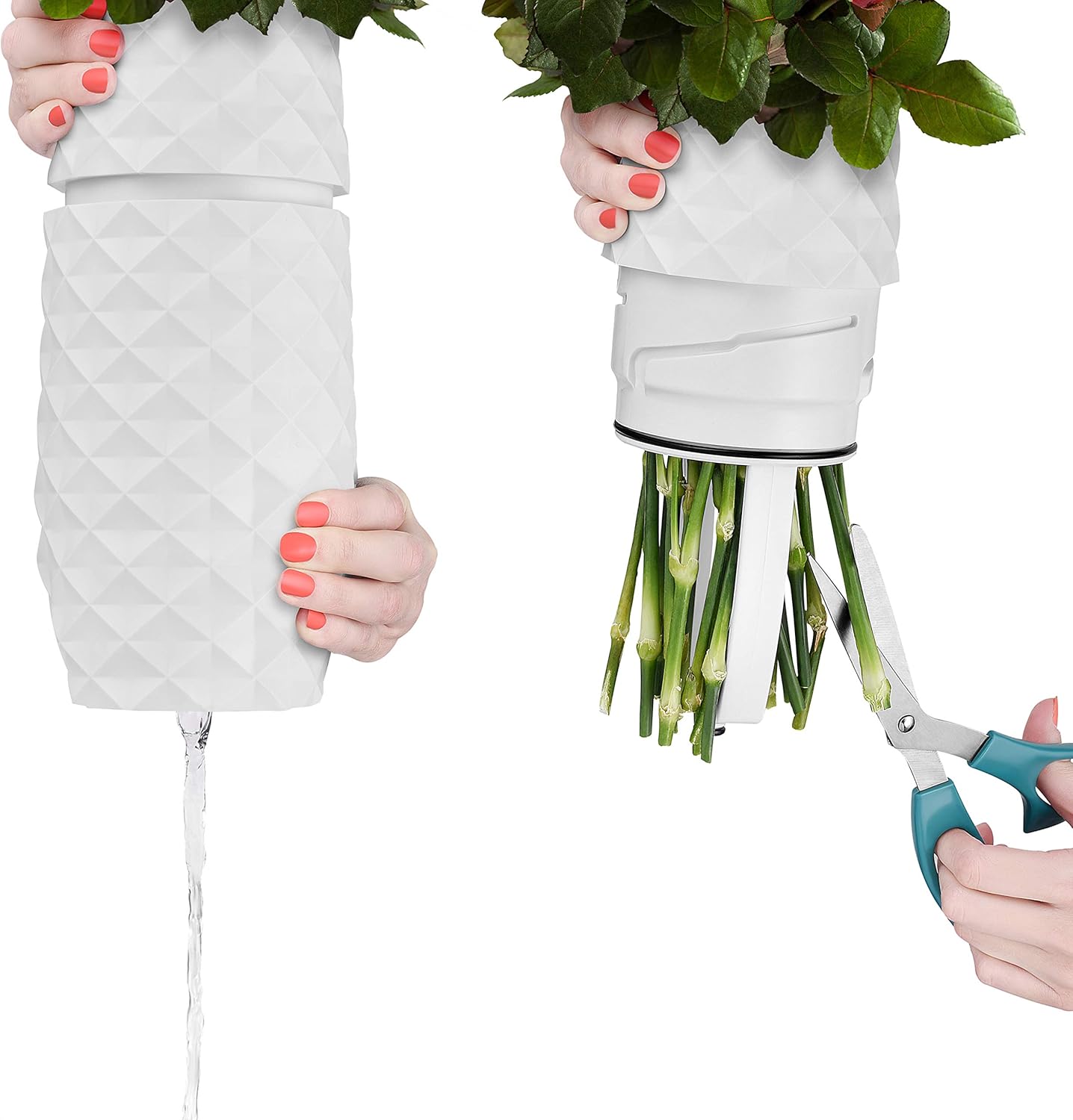The Amaranth Vase - Unique Design for Easy Water Draining and Stem Access - Impact Resistant Plastic and Marble Blend - The Smart Vase for Floral Arrangements (White)