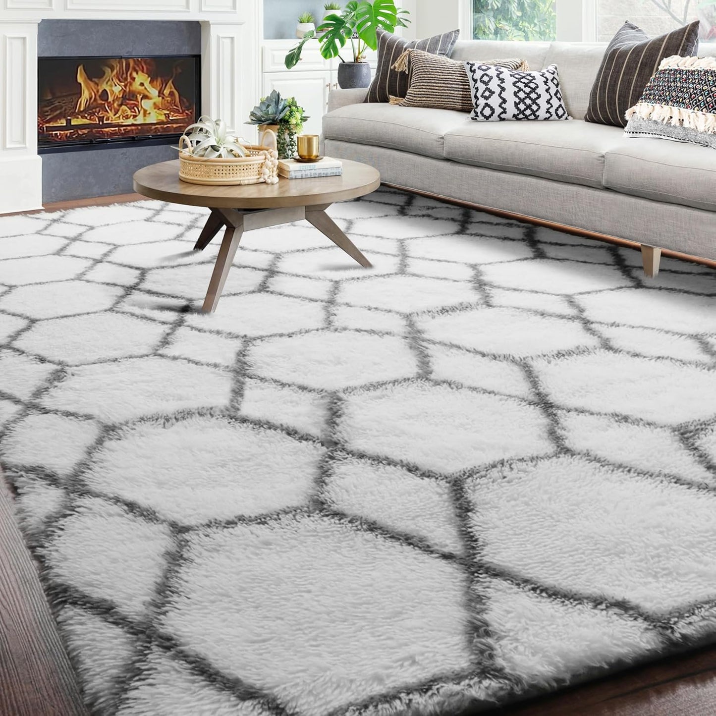 ONASAR 6x9 Area Rugs for Living Room Bedroom, Washable Large Fluffy Grey and Black Throw Rug, Geometric Soft Plush Shaggy Fuzzy Floor Carpet for Nursery Kids Girls Boys Teen Dorm Home Office Decor