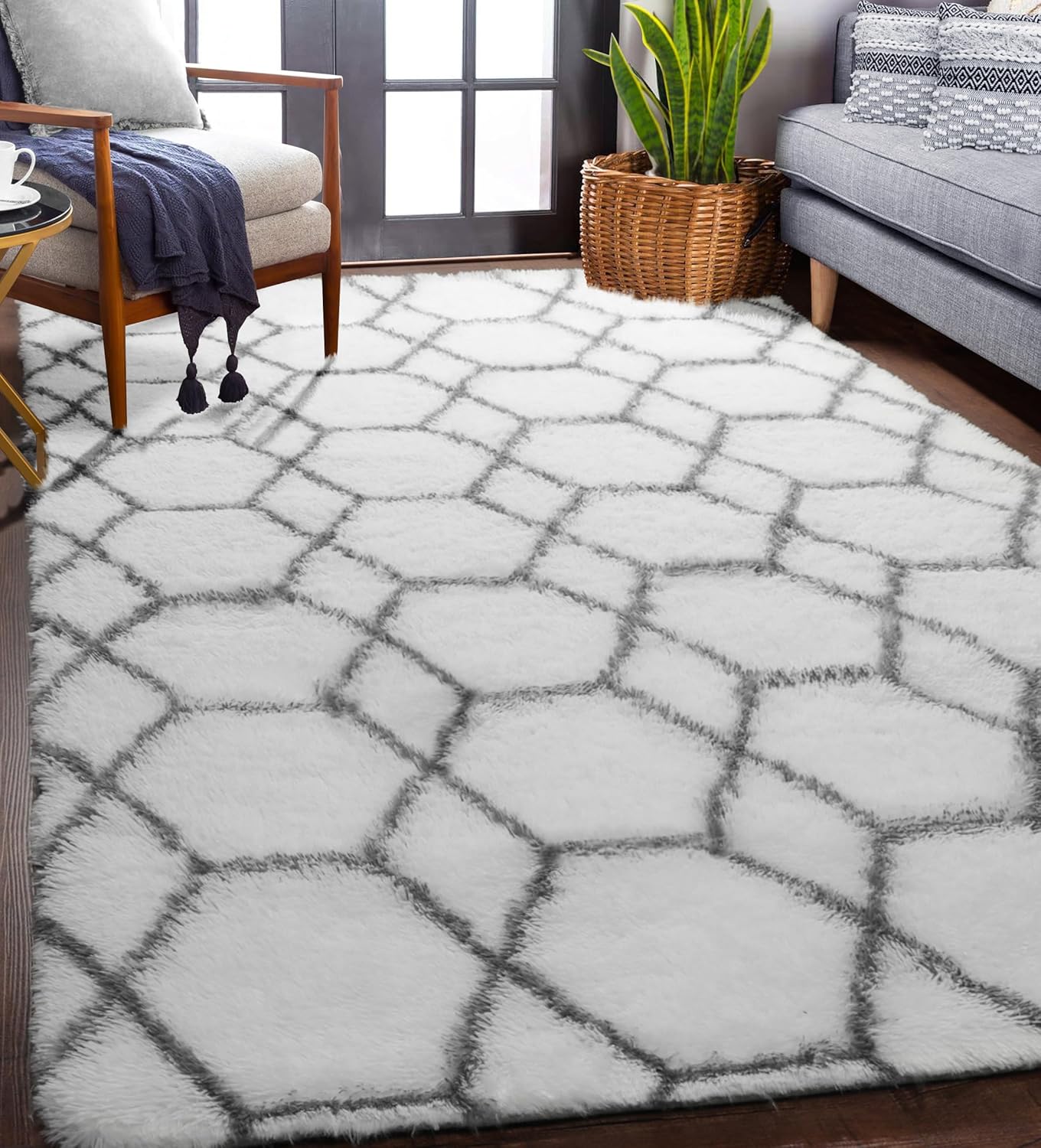ONASAR 6x9 Area Rugs for Living Room Bedroom, Washable Large Fluffy Grey and Black Throw Rug, Geometric Soft Plush Shaggy Fuzzy Floor Carpet for Nursery Kids Girls Boys Teen Dorm Home Office Decor