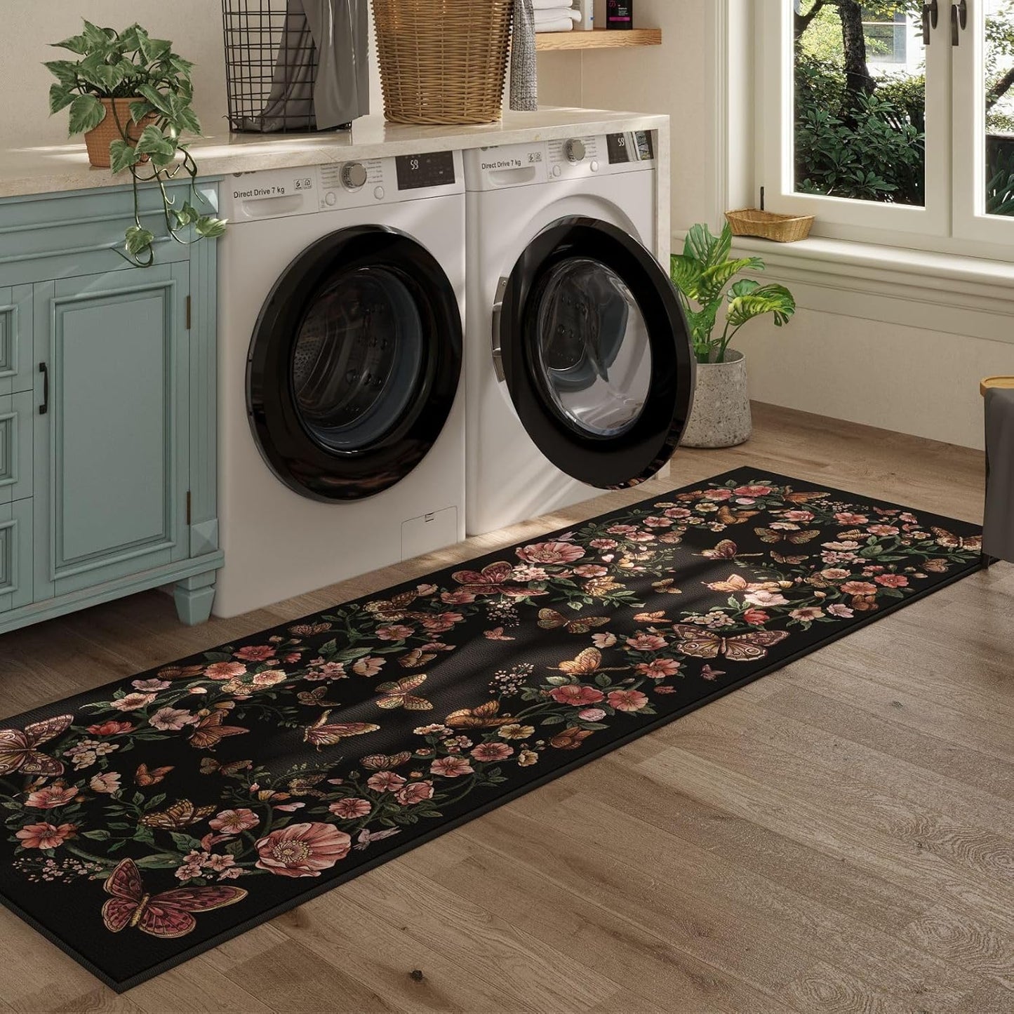 Runner Rug for Kitchen Rug Non Slip 2'6''x8' Washable Rugs with Rubber Backing Soft Floral Butterfly Carpet Runner for Kitchen Laundry Bedroom Bathroom, Black