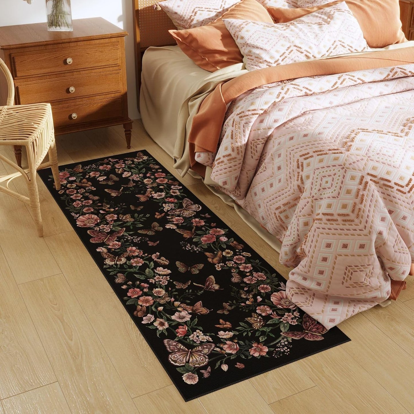 Runner Rug for Kitchen Rug Non Slip 2'6''x8' Washable Rugs with Rubber Backing Soft Floral Butterfly Carpet Runner for Kitchen Laundry Bedroom Bathroom, Black