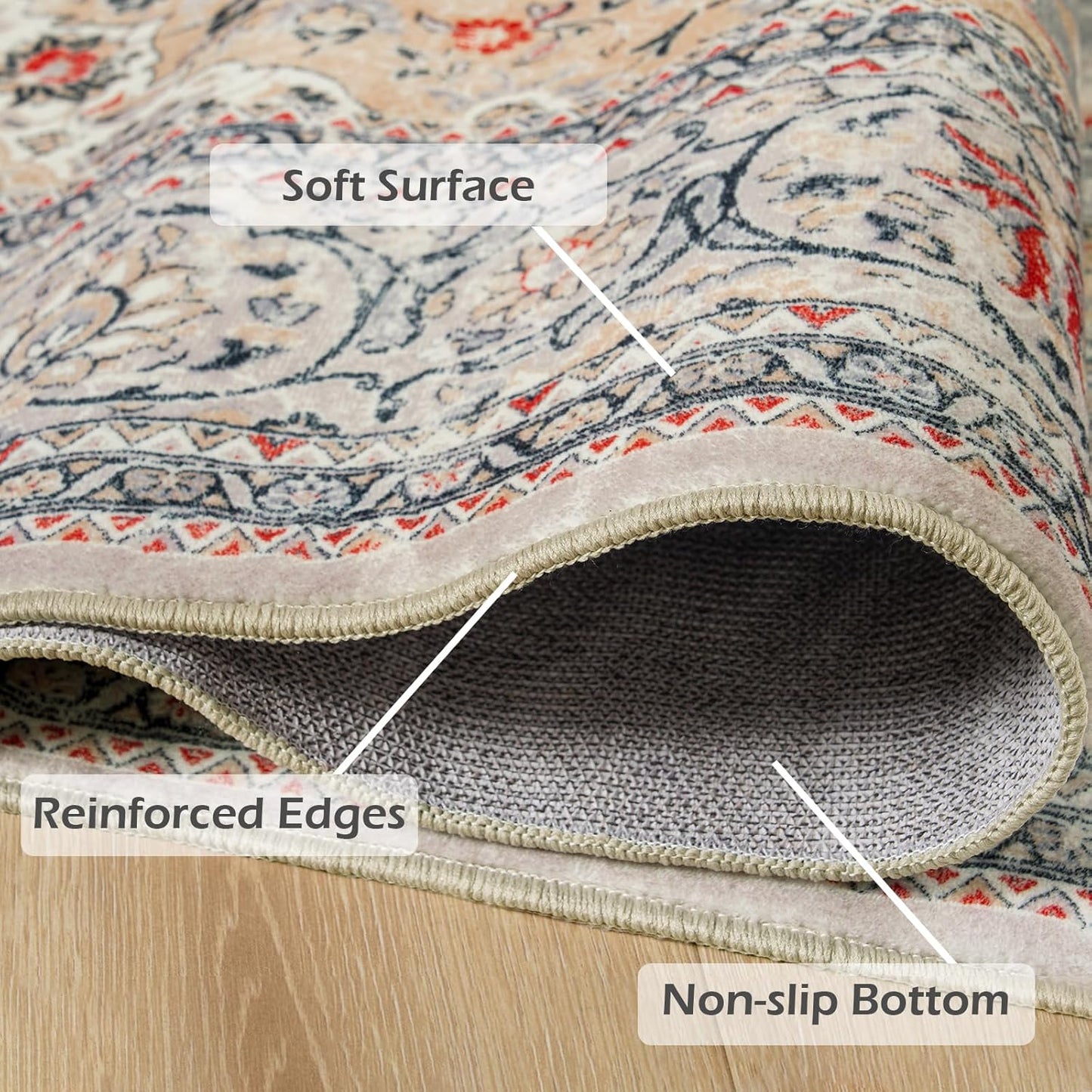 Washable Rug 4x6, Beige Area Rugs Non Slip, Indoor Low Pile Carpet with Rubber Backing for Living Room Kitchen Bathroom Entryway Office Bedroom