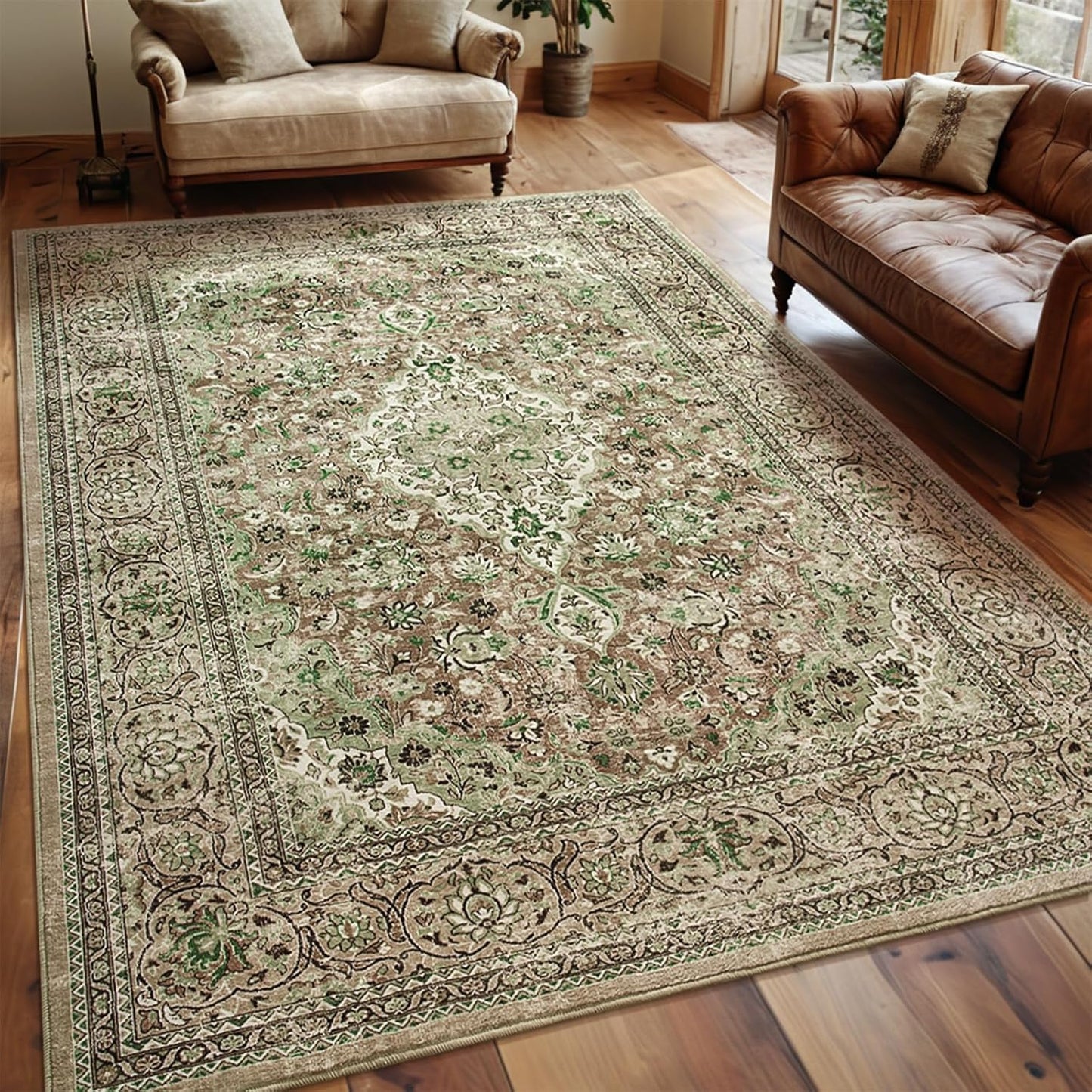 Washable Rug 4x6, Beige Area Rugs Non Slip, Indoor Low Pile Carpet with Rubber Backing for Living Room Kitchen Bathroom Entryway Office Bedroom