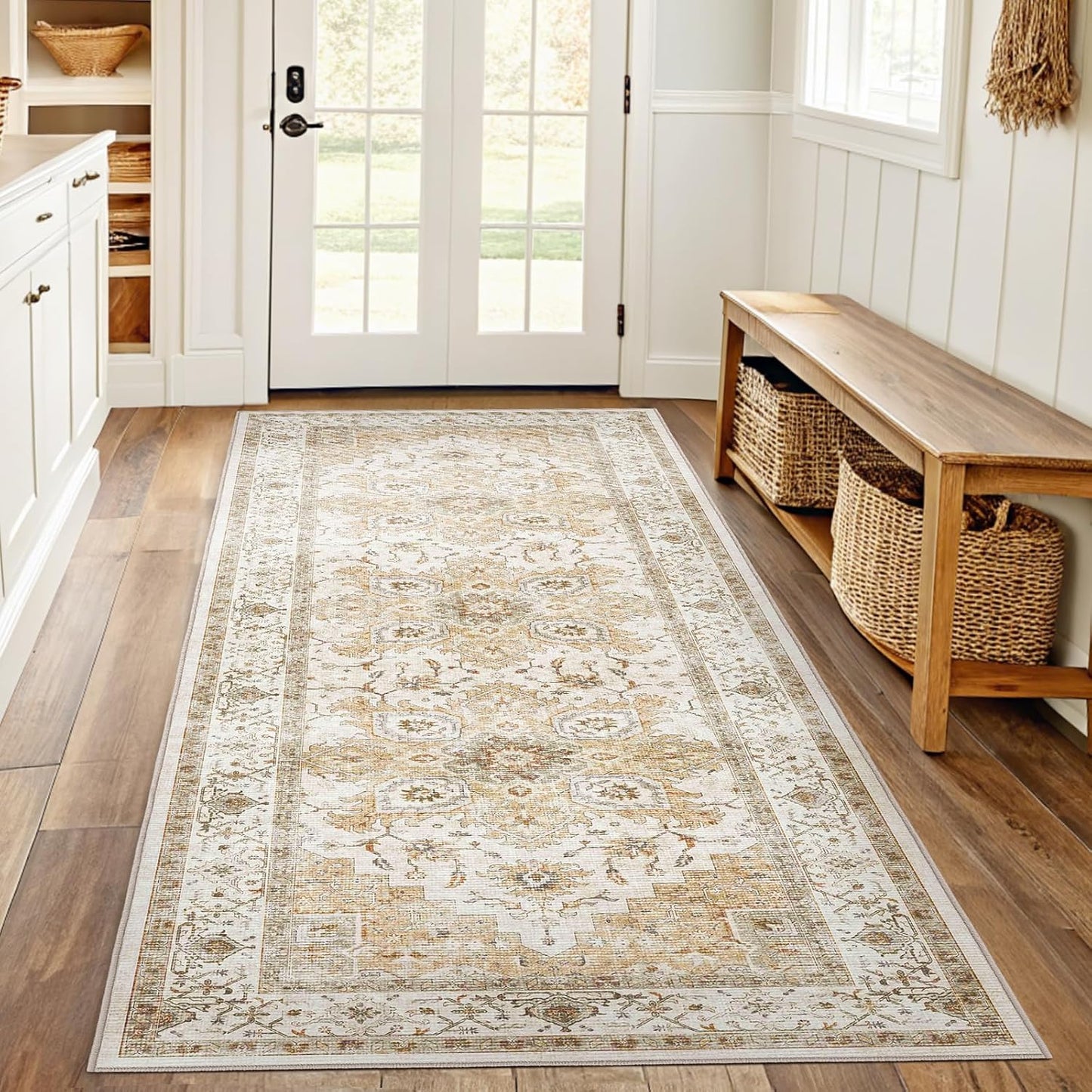 AMADA HOMEFURNISHING 8x10 Washable Area Rug, Low-Profile Large Area Rug with Non-Slip Backing & Durable Edge Binding, Vintage Large Rugs for Living Room, Bedroom, Dinning Room