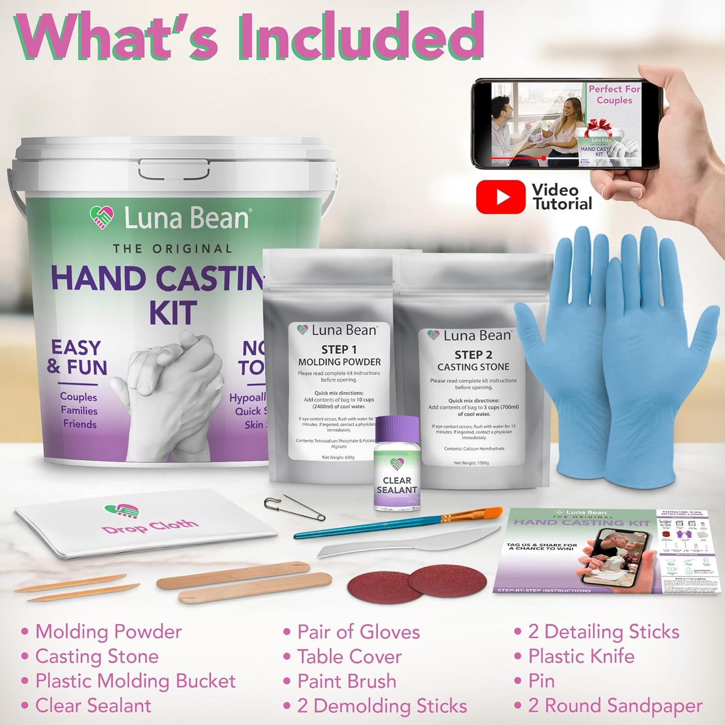Luna Bean Hand Casting Kit – The Original Hand Mold Kit for Couples – Birthday Gifts, Bridal Shower, Wedding, Engagement Gifts for Her Him Anniversary for Men Women Wife Husband Boyfriend Girlfriend