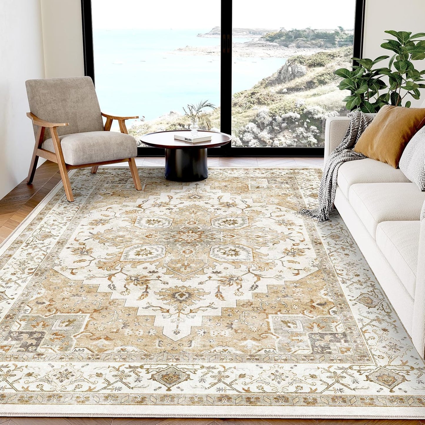 AMADA HOMEFURNISHING 8x10 Washable Area Rug, Low-Profile Large Area Rug with Non-Slip Backing & Durable Edge Binding, Vintage Large Rugs for Living Room, Bedroom, Dinning Room