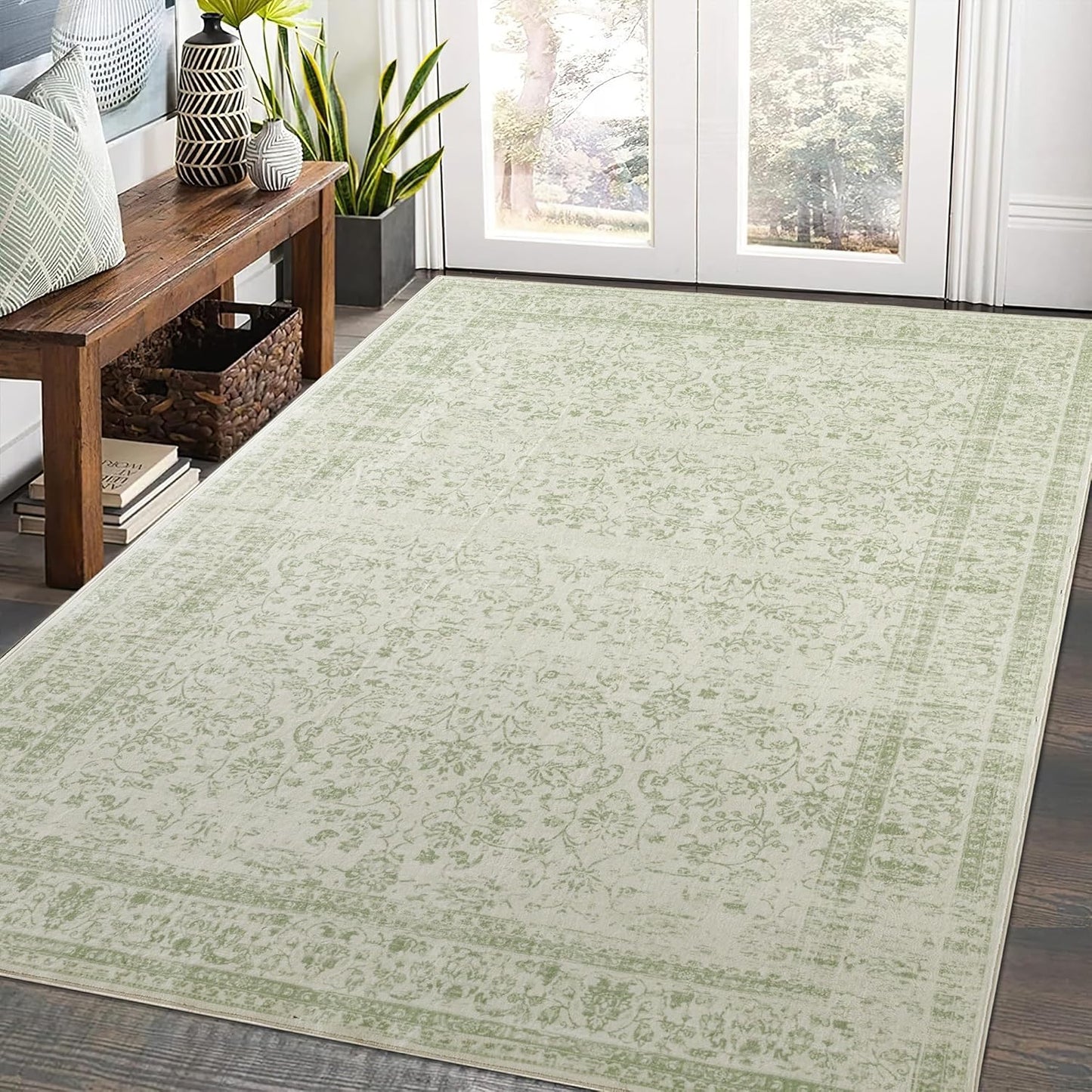Nursery Rug for Baby Girl,Neutral Blush Pink Boho Cute Floral Foldable Machine Washable Soft Faux Wool Carpet Area Rugs for Living Room Bedroom Dorm Kids Playroom,5x7