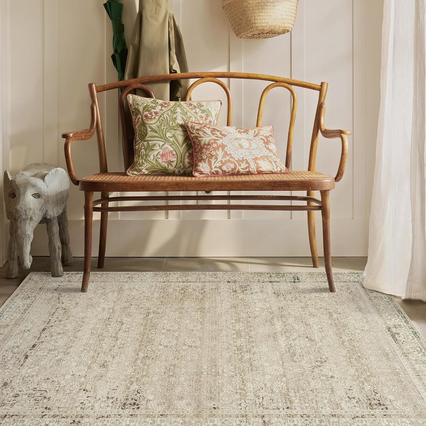 Nursery Rug for Baby Girl,Neutral Blush Pink Boho Cute Floral Foldable Machine Washable Soft Faux Wool Carpet Area Rugs for Living Room Bedroom Dorm Kids Playroom,5x7