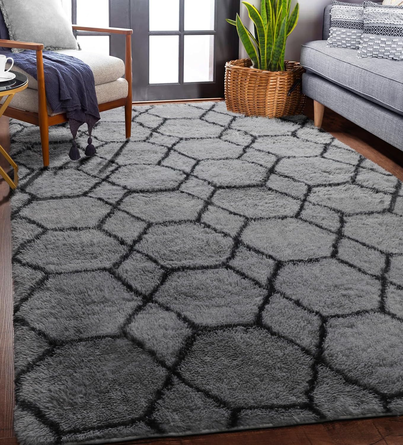 ONASAR 6x9 Area Rugs for Living Room Bedroom, Washable Large Fluffy Grey and Black Throw Rug, Geometric Soft Plush Shaggy Fuzzy Floor Carpet for Nursery Kids Girls Boys Teen Dorm Home Office Decor