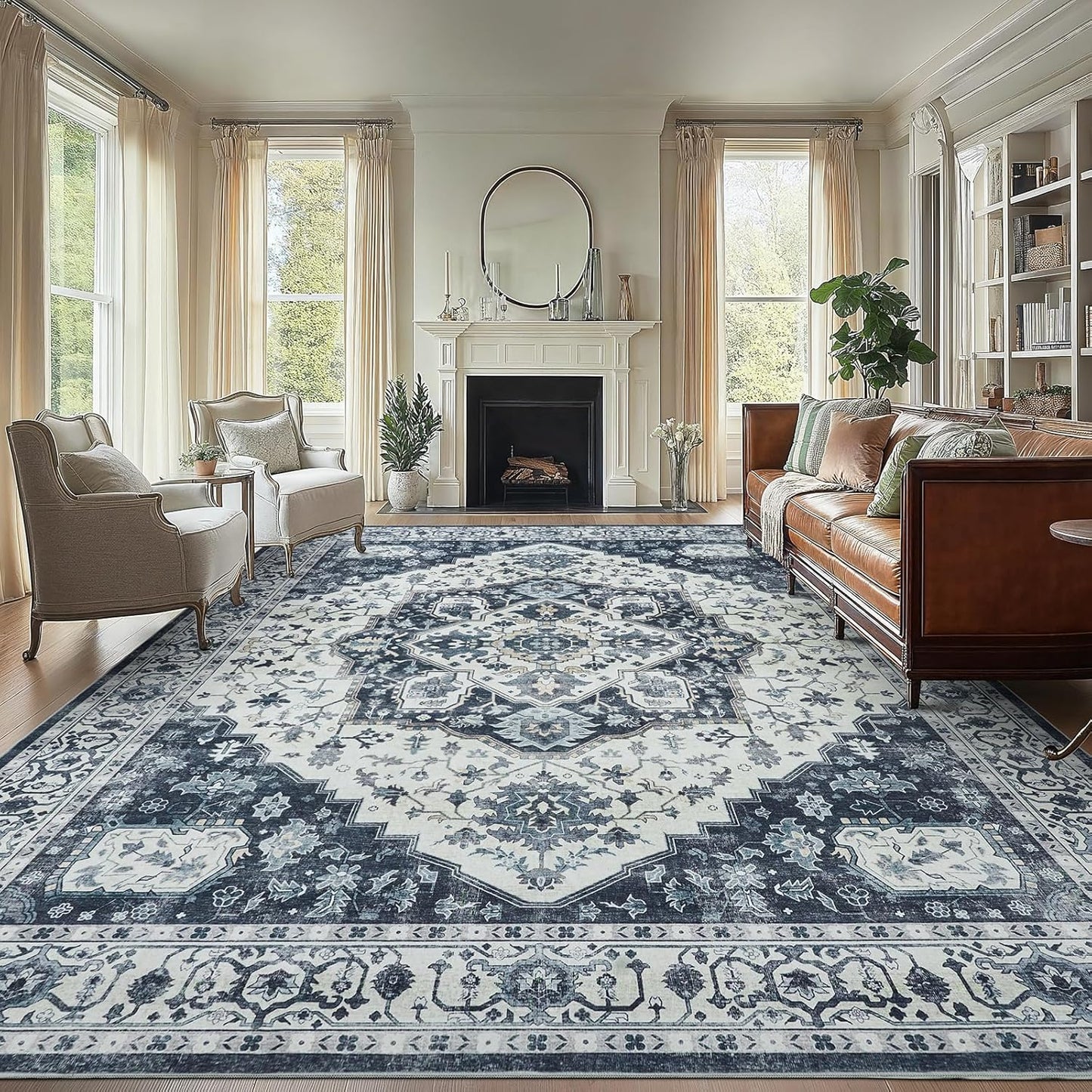 AMADA HOMEFURNISHING 8x10 Washable Area Rug, Low-Profile Large Area Rug with Non-Slip Backing & Durable Edge Binding, Vintage Large Rugs for Living Room, Bedroom, Dinning Room