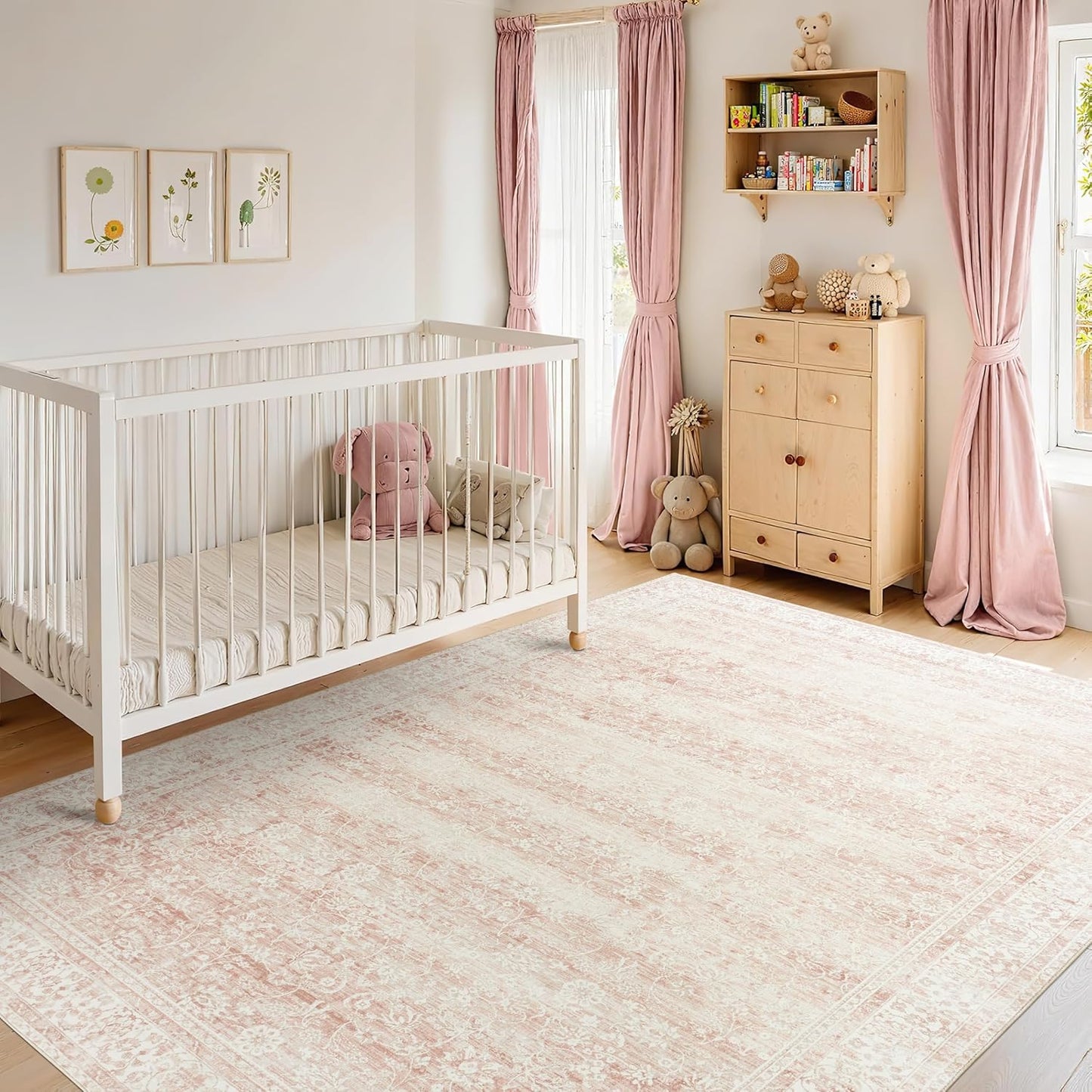 Nursery Rug for Baby Girl,Neutral Blush Pink Boho Cute Floral Foldable Machine Washable Soft Faux Wool Carpet Area Rugs for Living Room Bedroom Dorm Kids Playroom,5x7