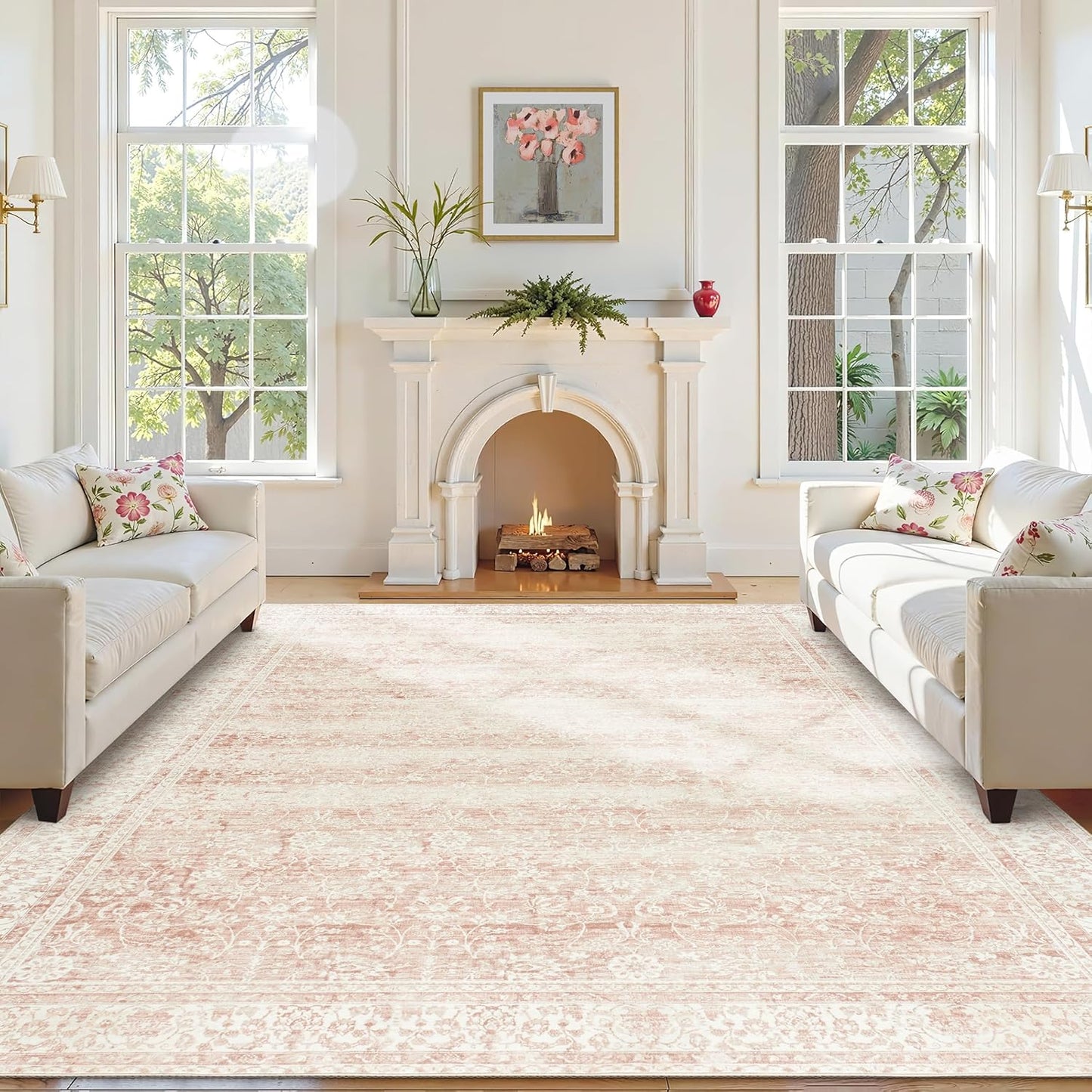 Nursery Rug for Baby Girl,Neutral Blush Pink Boho Cute Floral Foldable Machine Washable Soft Faux Wool Carpet Area Rugs for Living Room Bedroom Dorm Kids Playroom,5x7