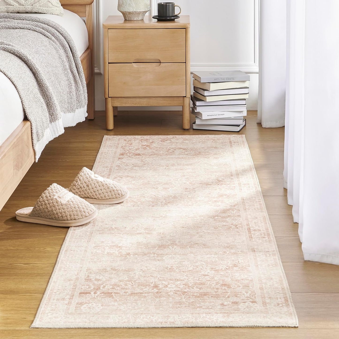 Nursery Rug for Baby Girl,Neutral Blush Pink Boho Cute Floral Foldable Machine Washable Soft Faux Wool Carpet Area Rugs for Living Room Bedroom Dorm Kids Playroom,5x7