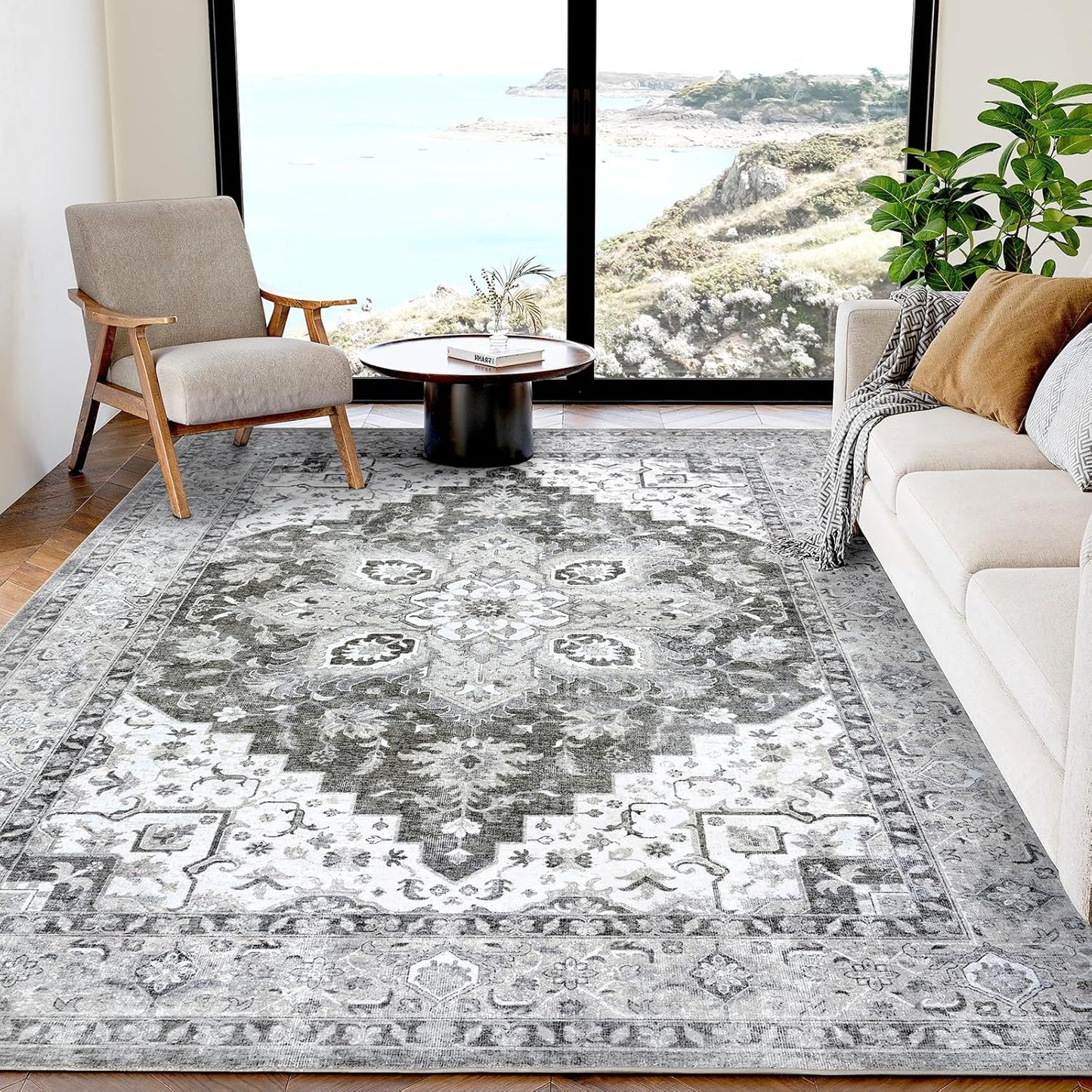 AMADA HOMEFURNISHING 8x10 Washable Area Rug, Low-Profile Large Area Rug with Non-Slip Backing & Durable Edge Binding, Vintage Large Rugs for Living Room, Bedroom, Dinning Room