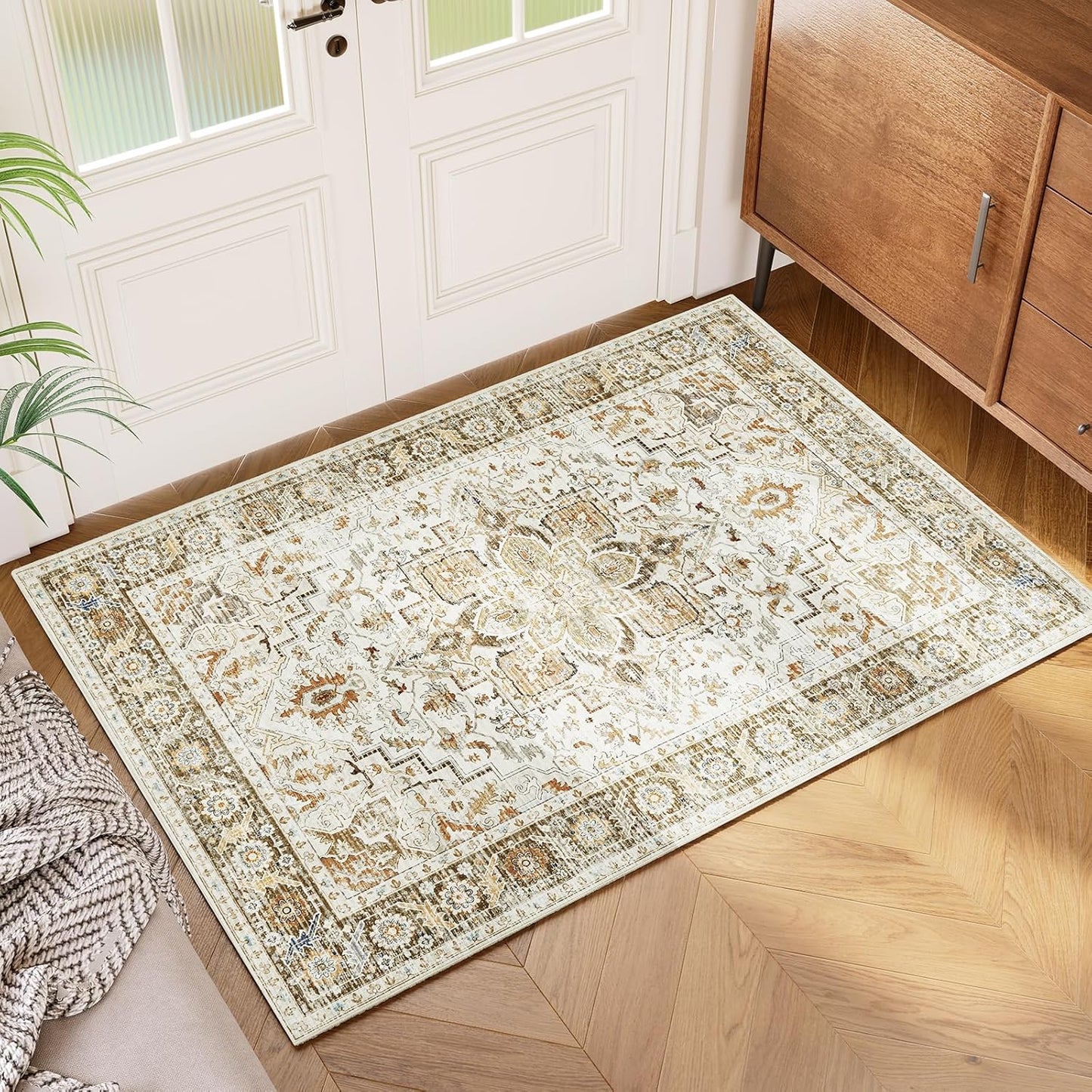AMADA HOMEFURNISHING 8x10 Washable Area Rug, Low-Profile Large Area Rug with Non-Slip Backing & Durable Edge Binding, Vintage Large Rugs for Living Room, Bedroom, Dinning Room