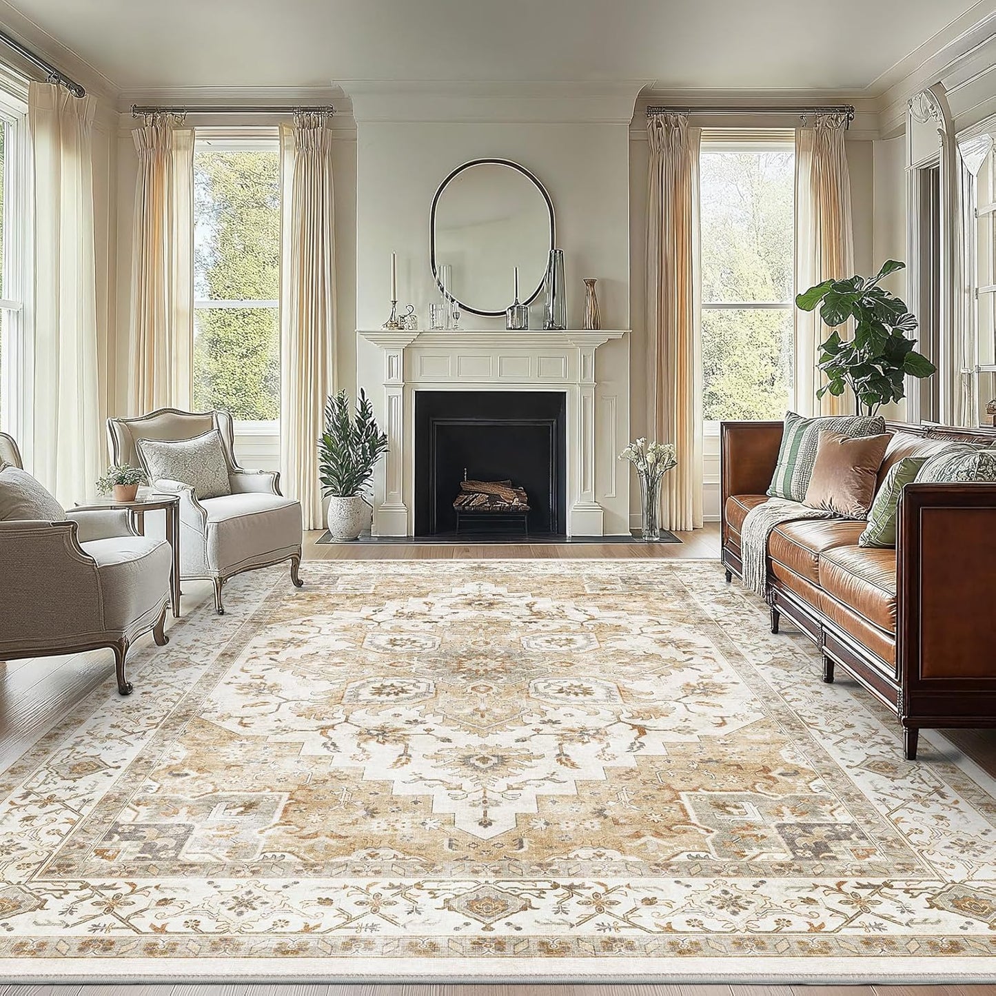AMADA HOMEFURNISHING 8x10 Washable Area Rug, Low-Profile Large Area Rug with Non-Slip Backing & Durable Edge Binding, Vintage Large Rugs for Living Room, Bedroom, Dinning Room