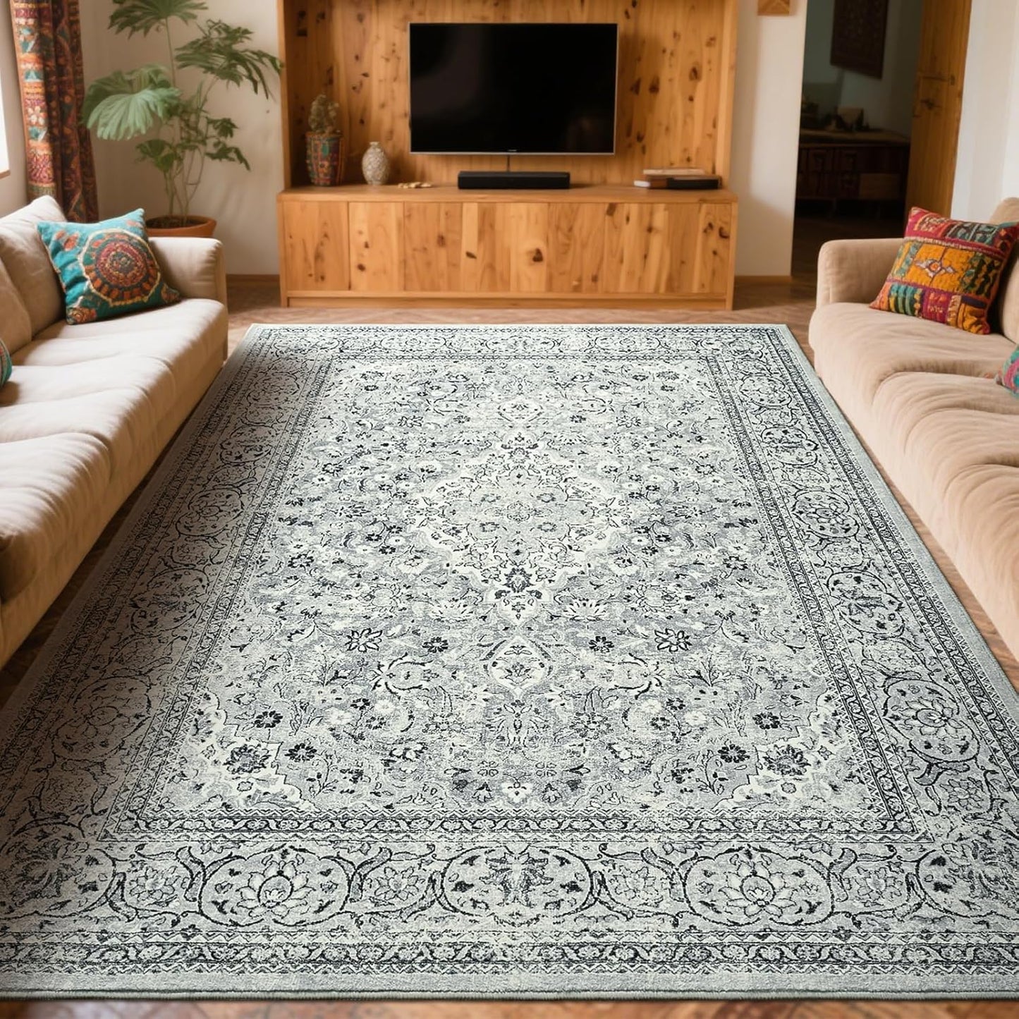Washable Rug 4x6, Beige Area Rugs Non Slip, Indoor Low Pile Carpet with Rubber Backing for Living Room Kitchen Bathroom Entryway Office Bedroom