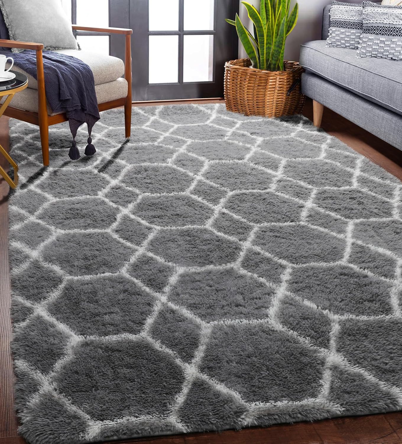 ONASAR 6x9 Area Rugs for Living Room Bedroom, Washable Large Fluffy Grey and Black Throw Rug, Geometric Soft Plush Shaggy Fuzzy Floor Carpet for Nursery Kids Girls Boys Teen Dorm Home Office Decor