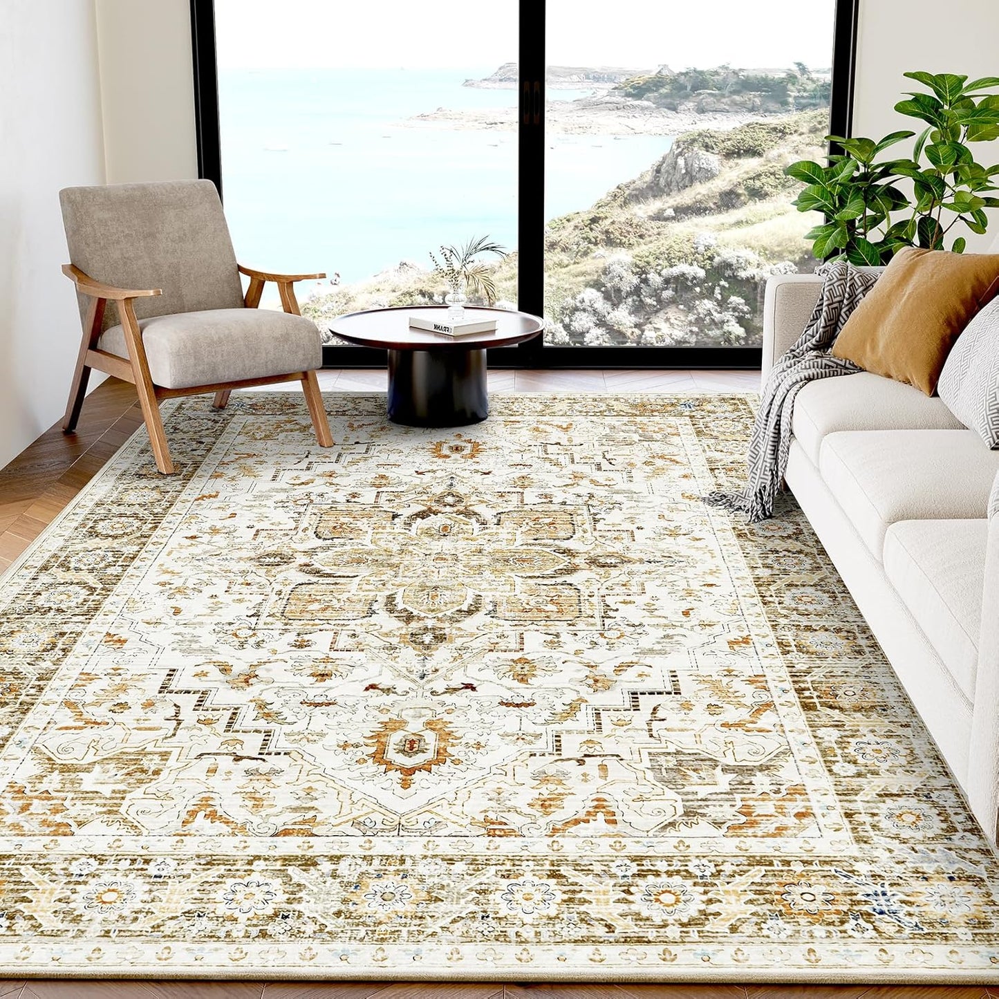 AMADA HOMEFURNISHING 8x10 Washable Area Rug, Low-Profile Large Area Rug with Non-Slip Backing & Durable Edge Binding, Vintage Large Rugs for Living Room, Bedroom, Dinning Room