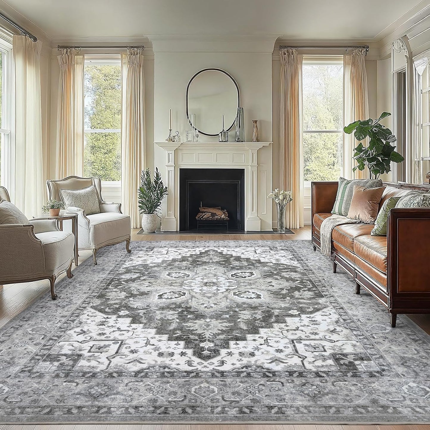 AMADA HOMEFURNISHING 8x10 Washable Area Rug, Low-Profile Large Area Rug with Non-Slip Backing & Durable Edge Binding, Vintage Large Rugs for Living Room, Bedroom, Dinning Room